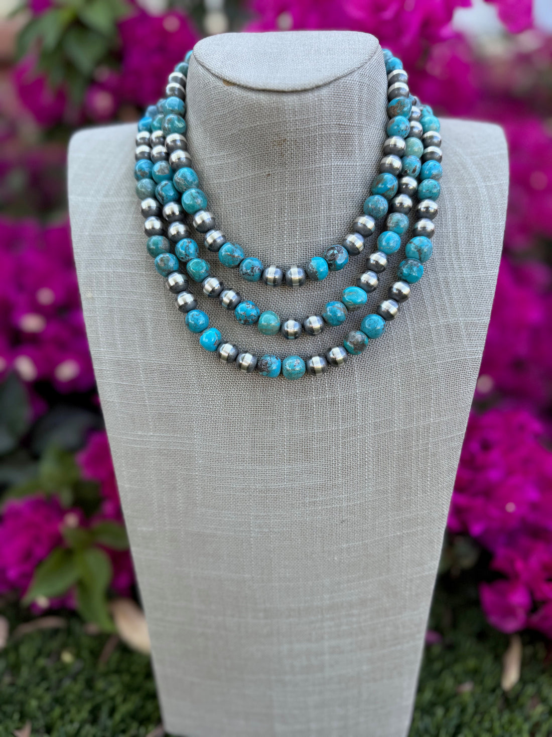 Handcrafted Kingman Turquoise & Sterling Silver 10mm Beaded Necklace