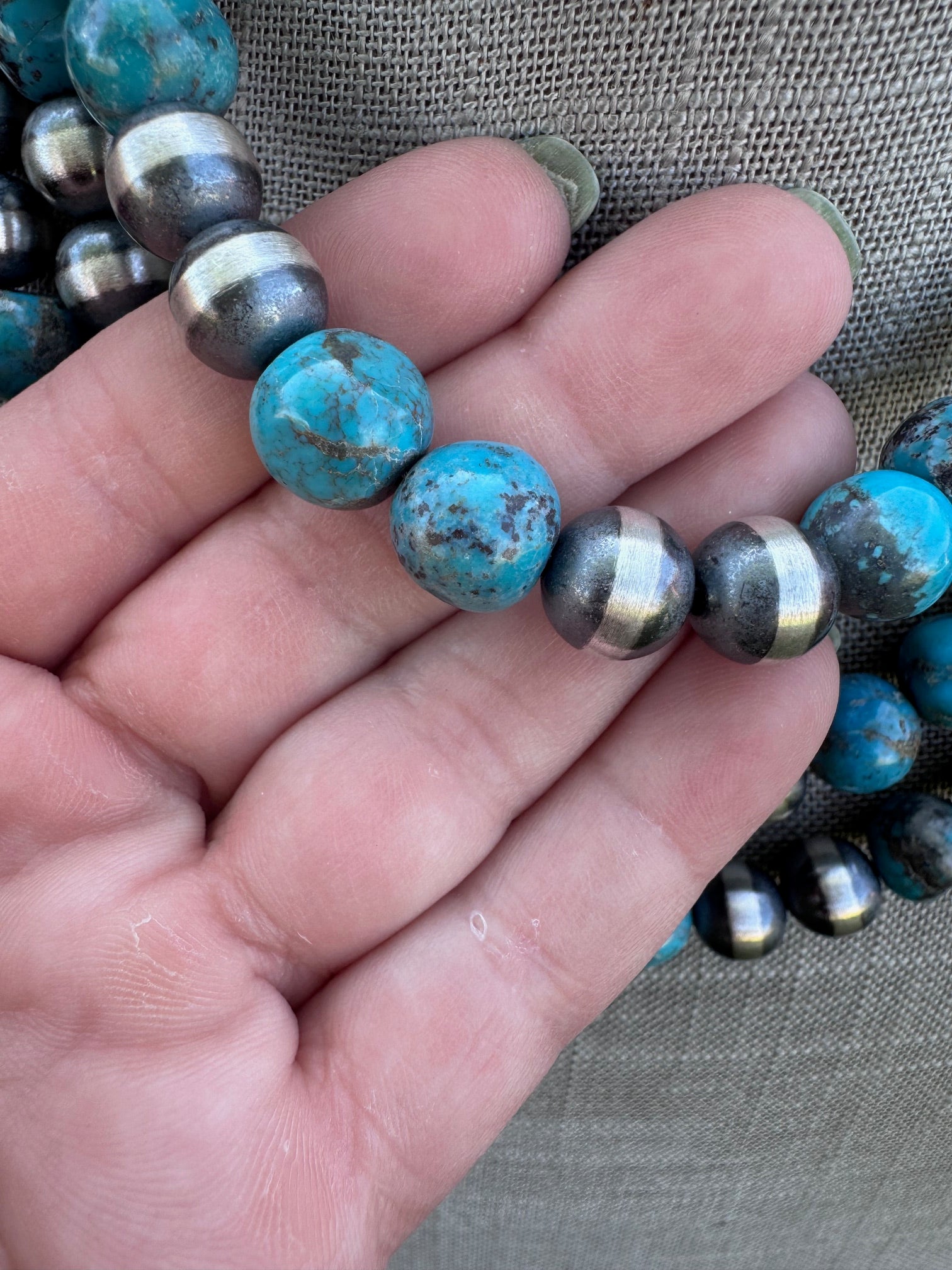 Handcrafted Kingman Turquoise & Sterling Silver 10mm Beaded Necklace