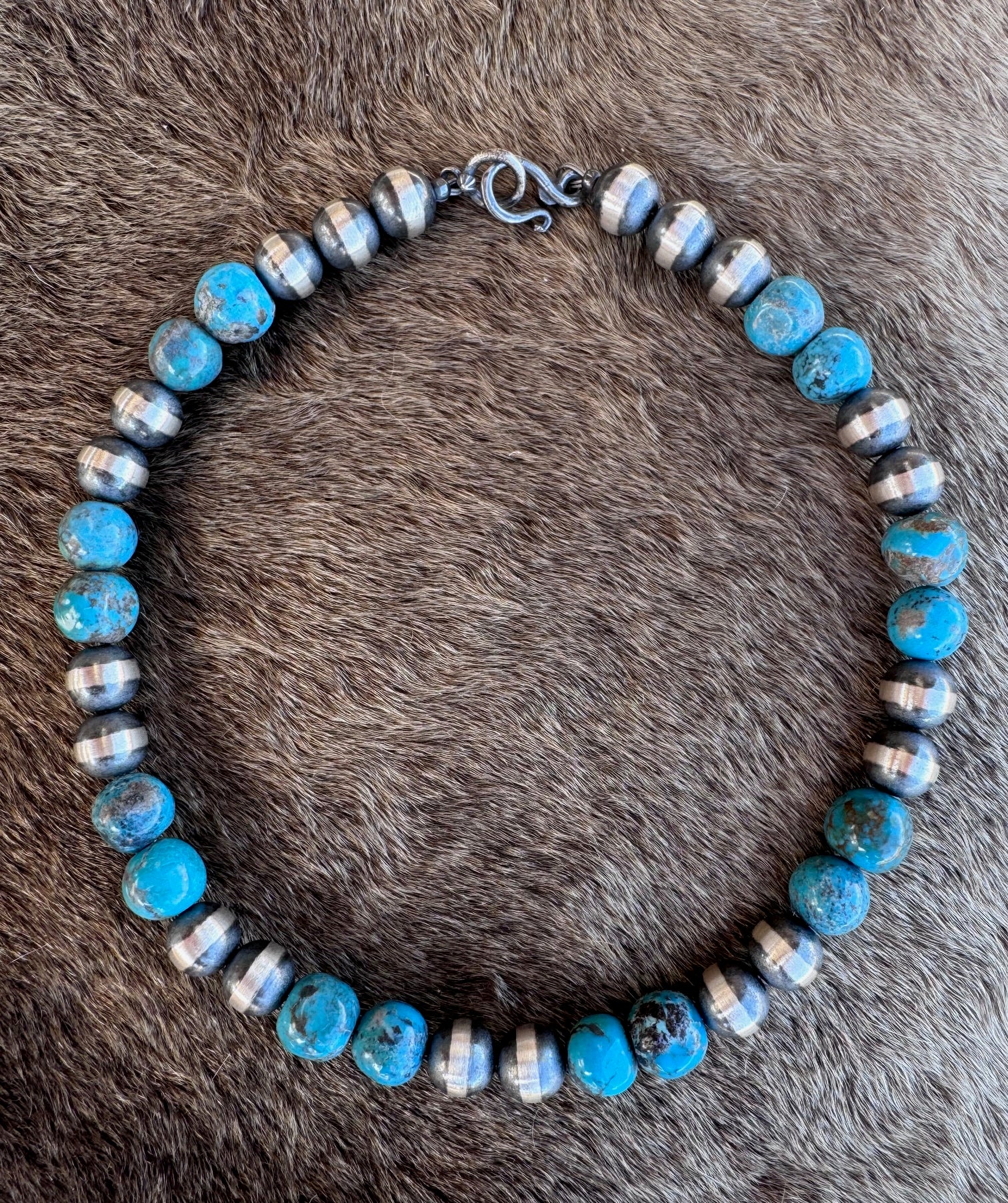 Handcrafted Kingman Turquoise & Sterling Silver 10mm Beaded Necklace