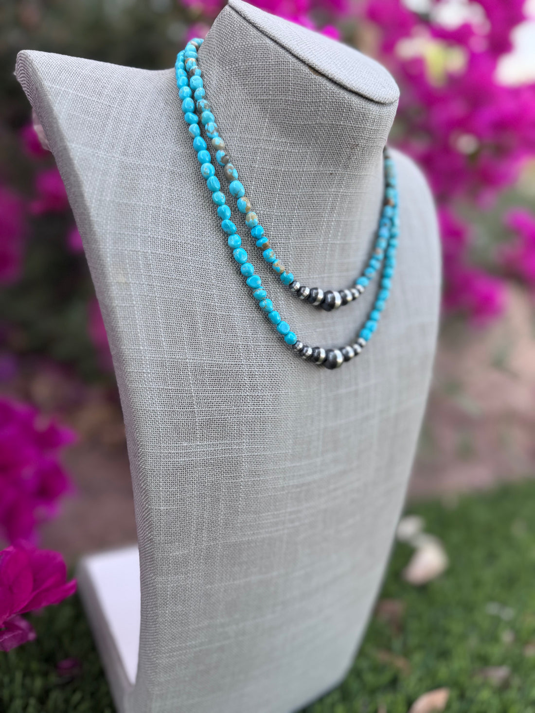 Handcrafted Kingman Turquoise & Sterling Silver 5-10mm Beaded Necklace