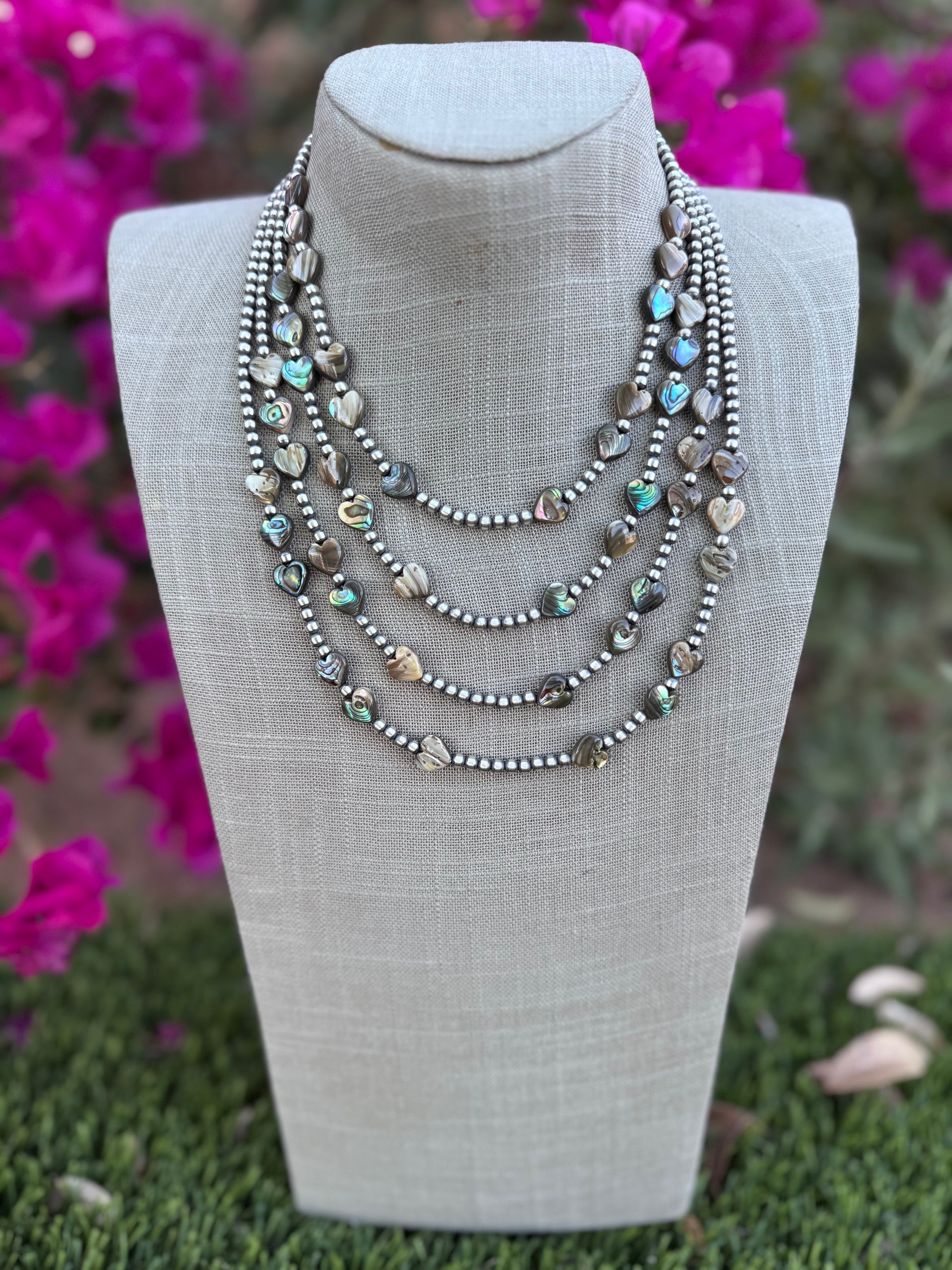 Handcrafted Heart Abalone & Sterling Silver Pearl 4mm Beaded Necklace