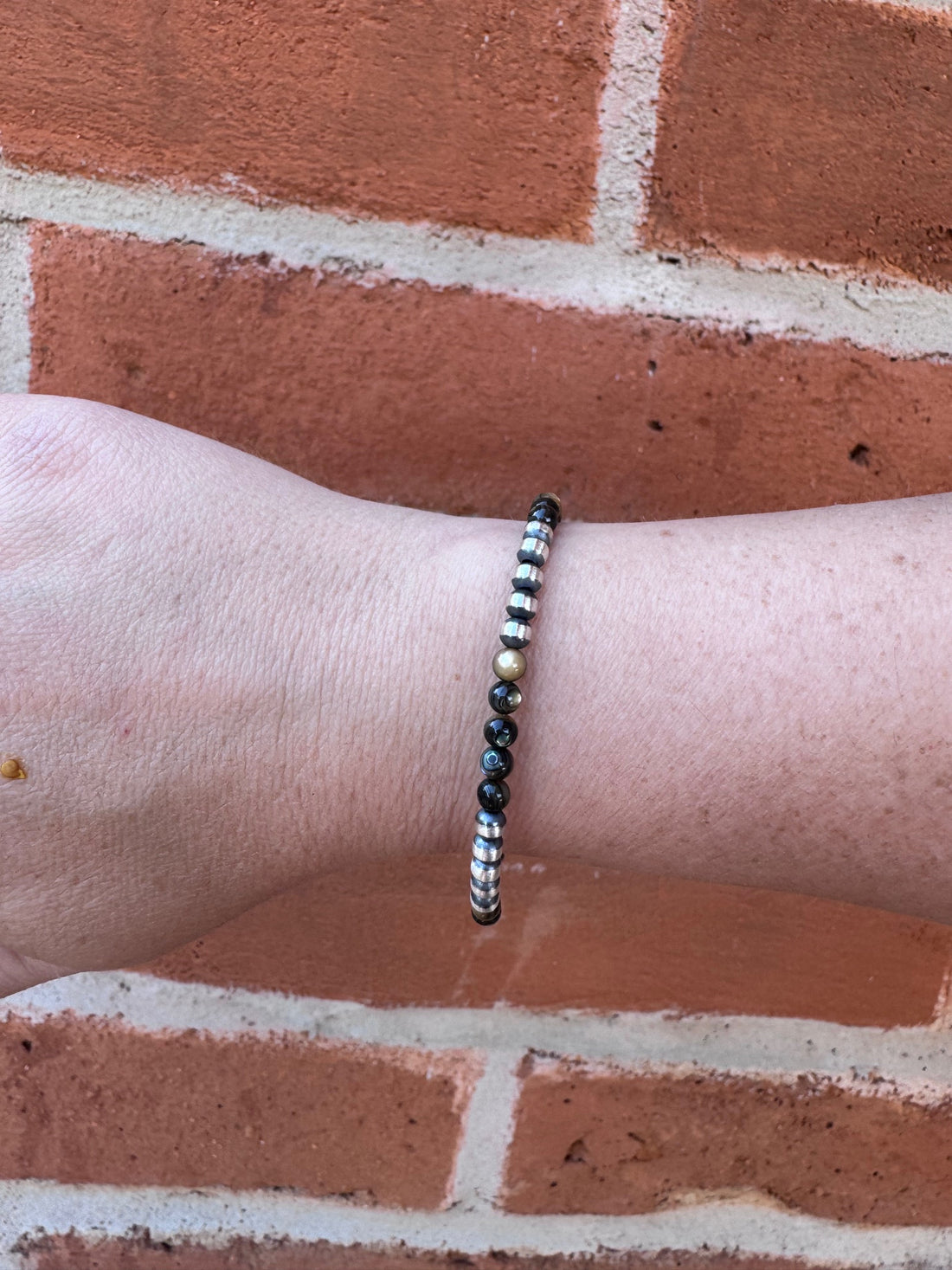 Handcrafted Abalone & Sterling Silver Pearl 4mm Beaded Bracelet 7.5"