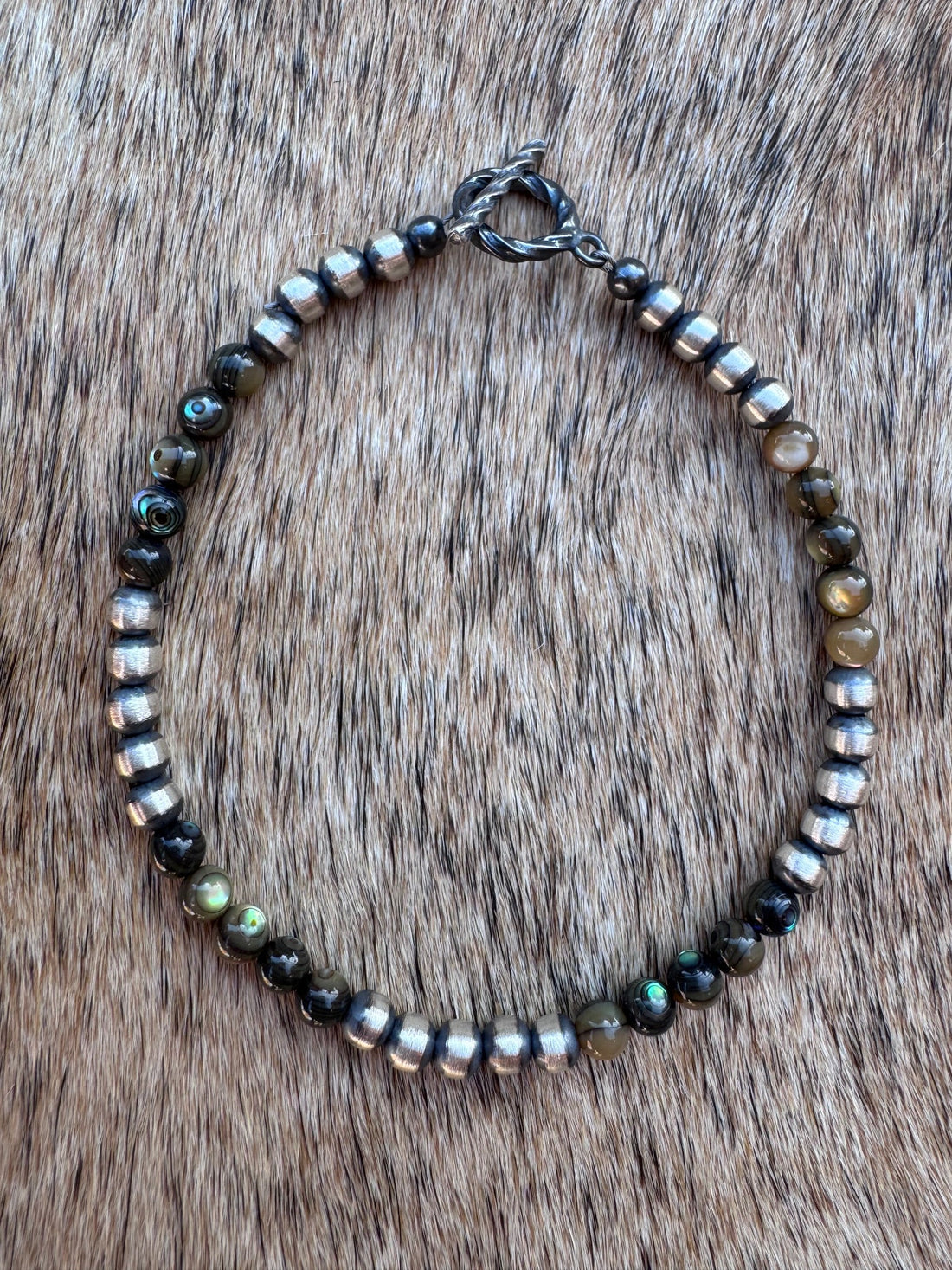 Handcrafted Abalone & Sterling Silver Pearl 4mm Beaded Bracelet 7.5"