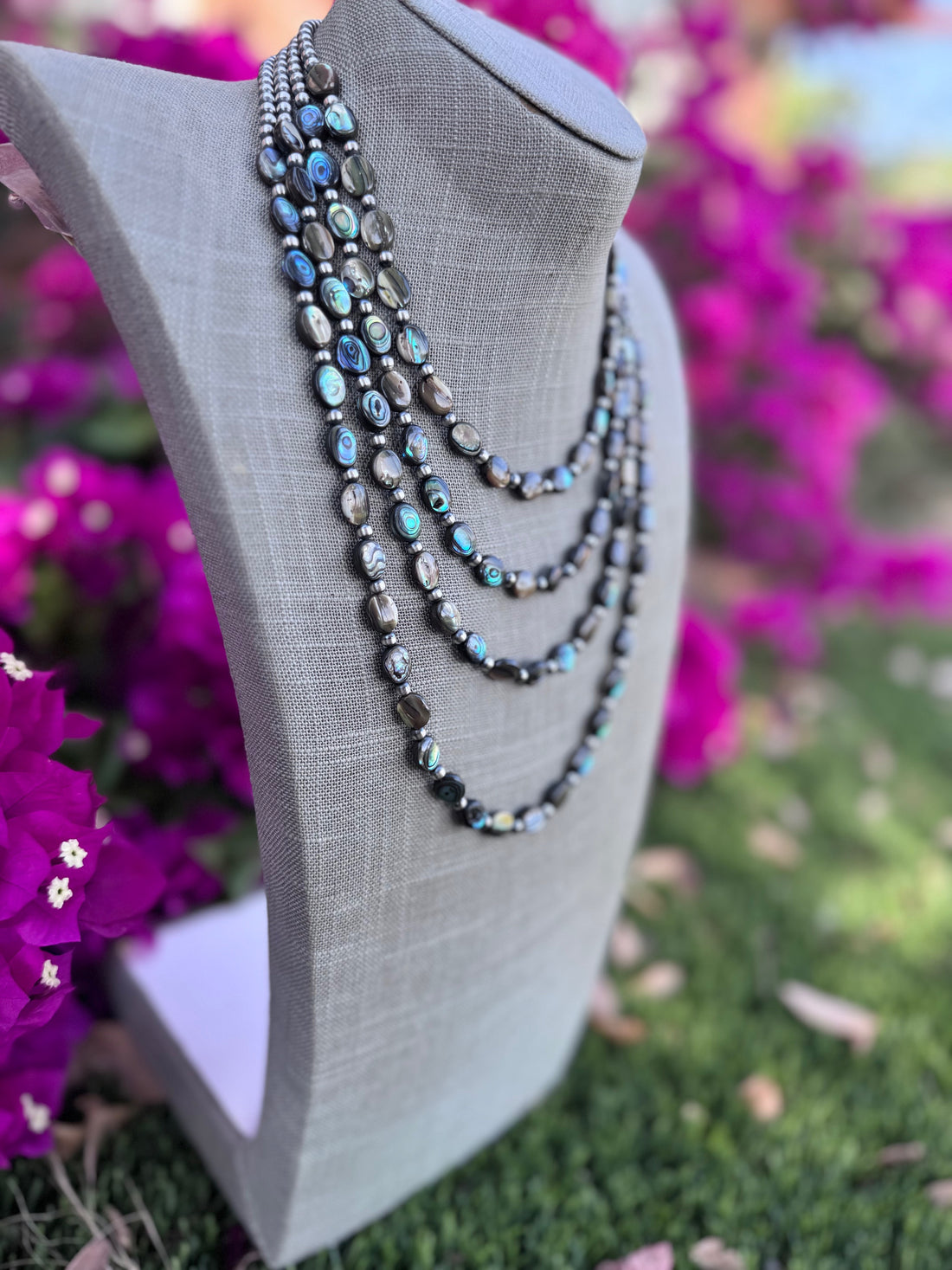 Handcrafted Abalone Oval & Sterling Silver Pearl 4mm Beaded Necklace