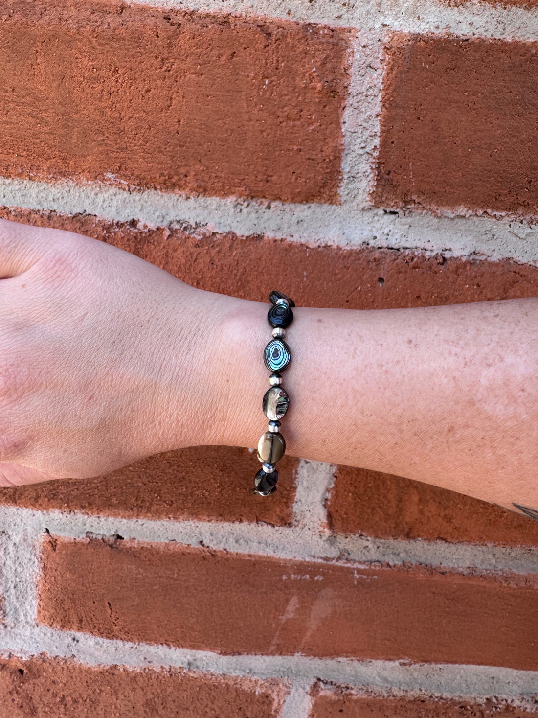 Handcrafted Abalone & Sterling Silver Pearl 4mm Beaded Bracelet 7.5"