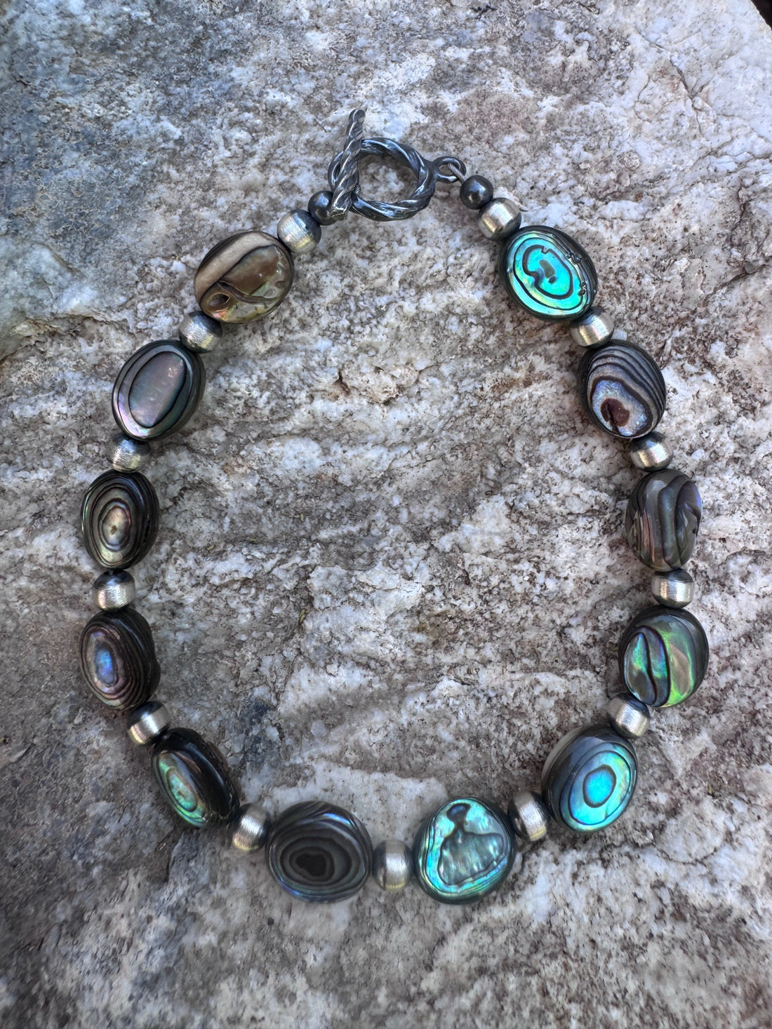 Handcrafted Abalone & Sterling Silver Pearl 4mm Beaded Bracelet 7.5"