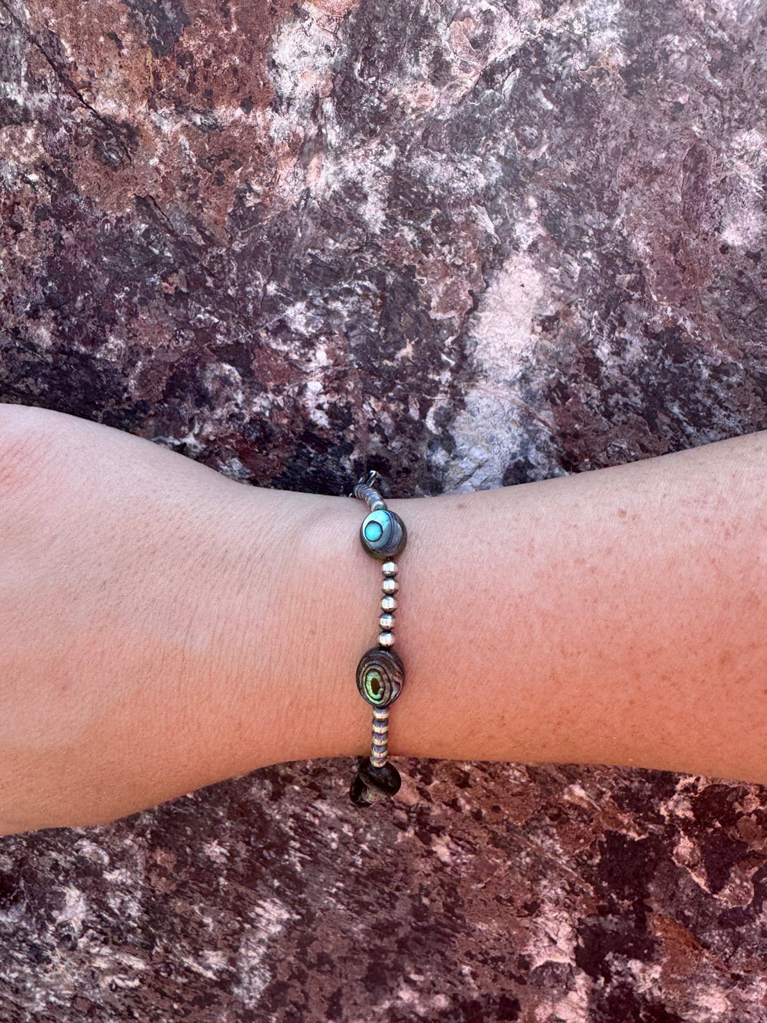 Handcrafted Abalone & Sterling Silver Pearl 3mm Beaded Bracelet 7.5"