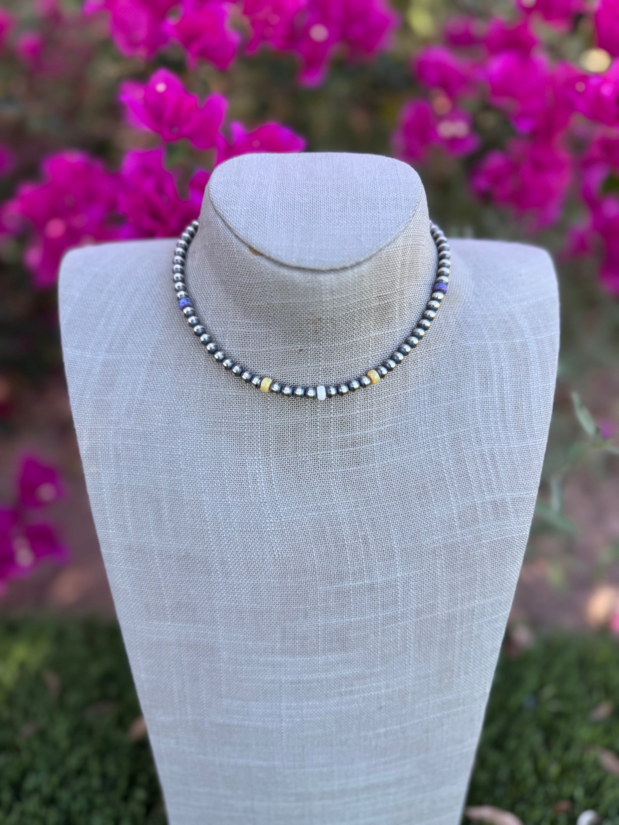 Handcrafted Fire Opal Collection & Sterling Silver Pearl Beaded 5mm Necklace 14"