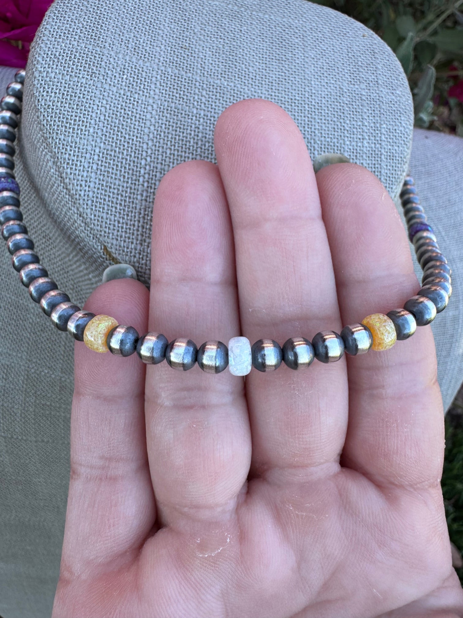 Handcrafted Fire Opal Collection & Sterling Silver Pearl Beaded 5mm Necklace 14"