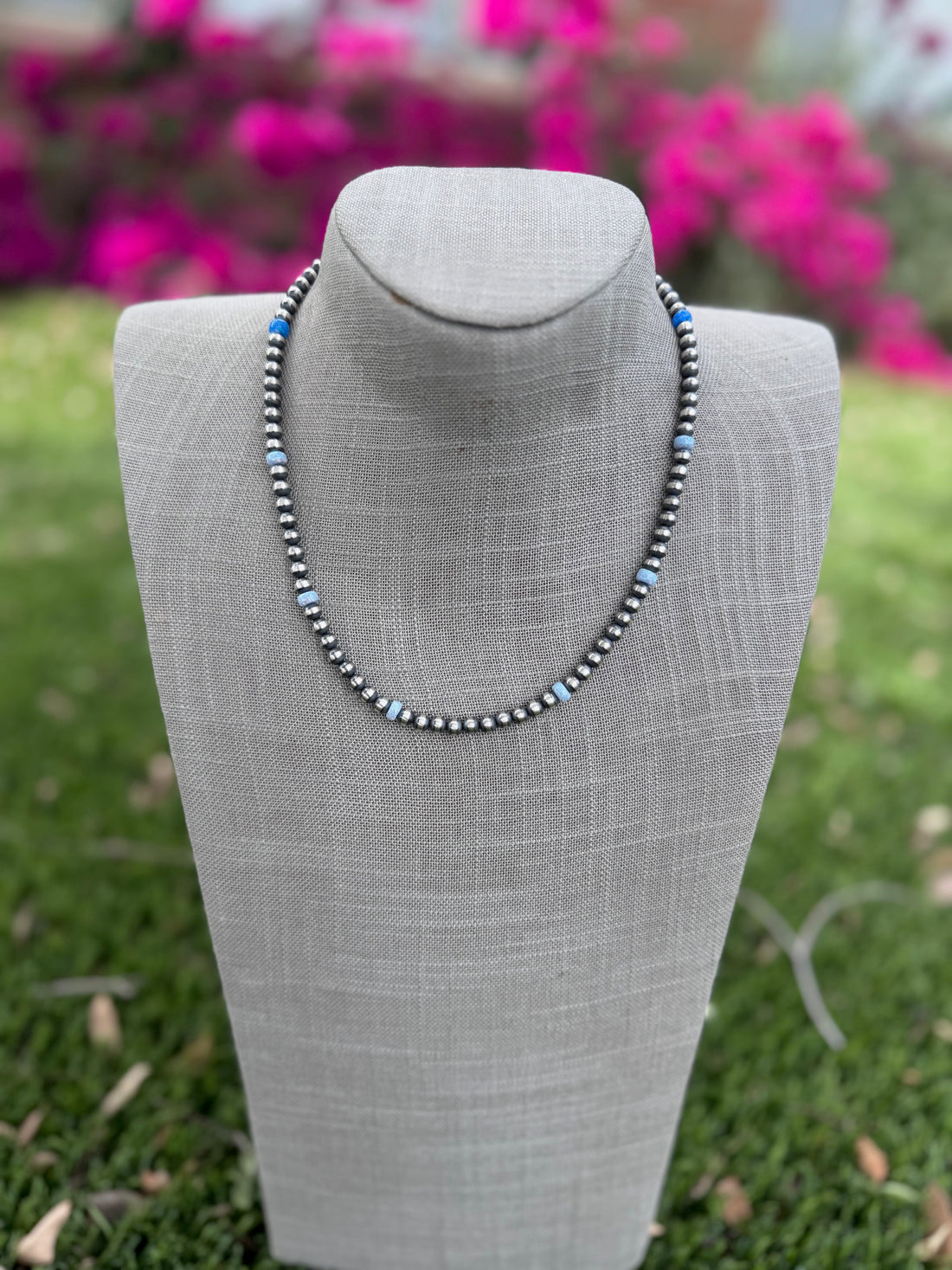 Handcrafted Blue Fire Opal & Sterling Silver Pearl Beaded 5mm Necklace 18"