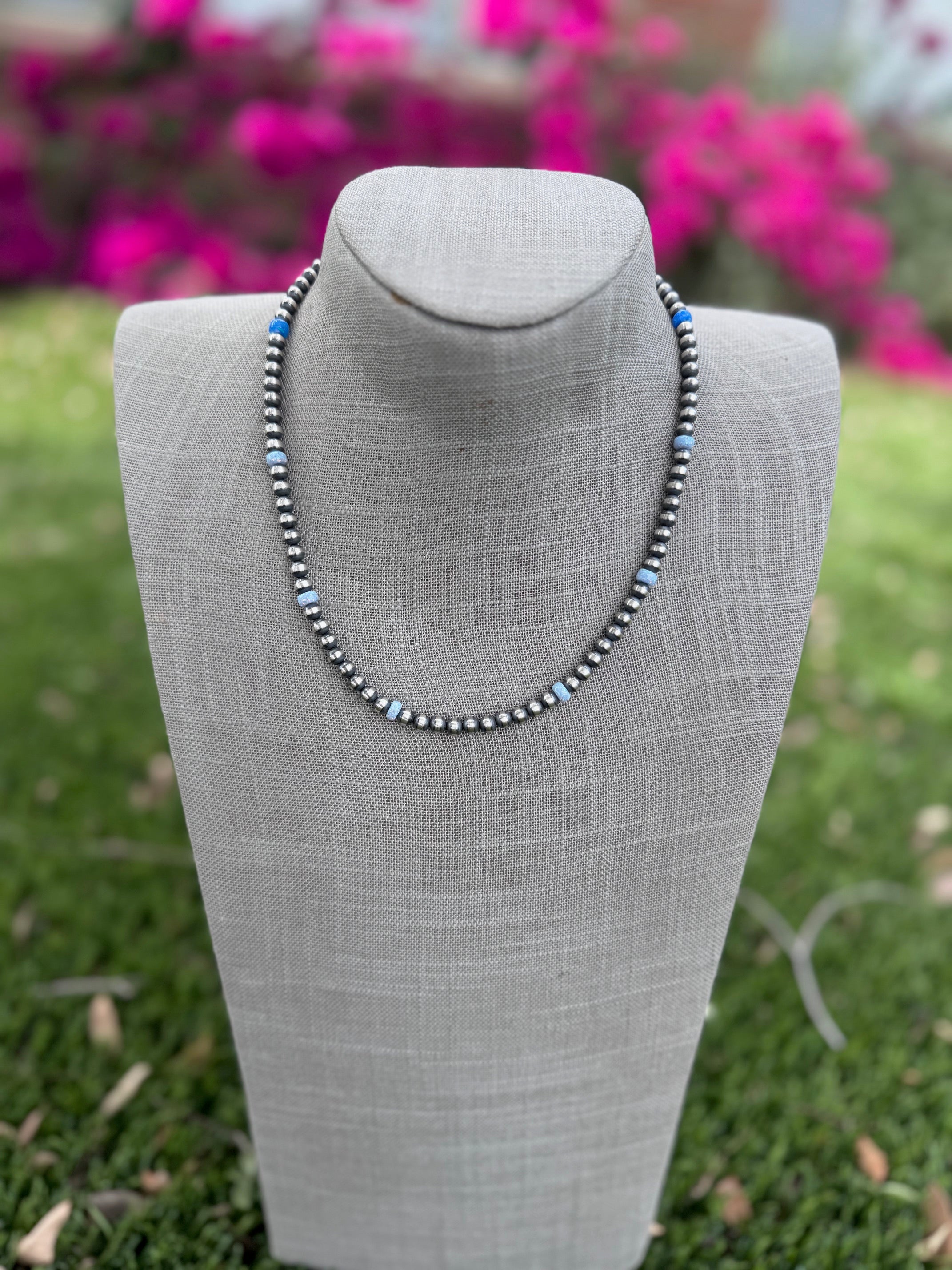 Handcrafted Blue Fire Opal & Sterling Silver Pearl Beaded 5mm Necklace 18"