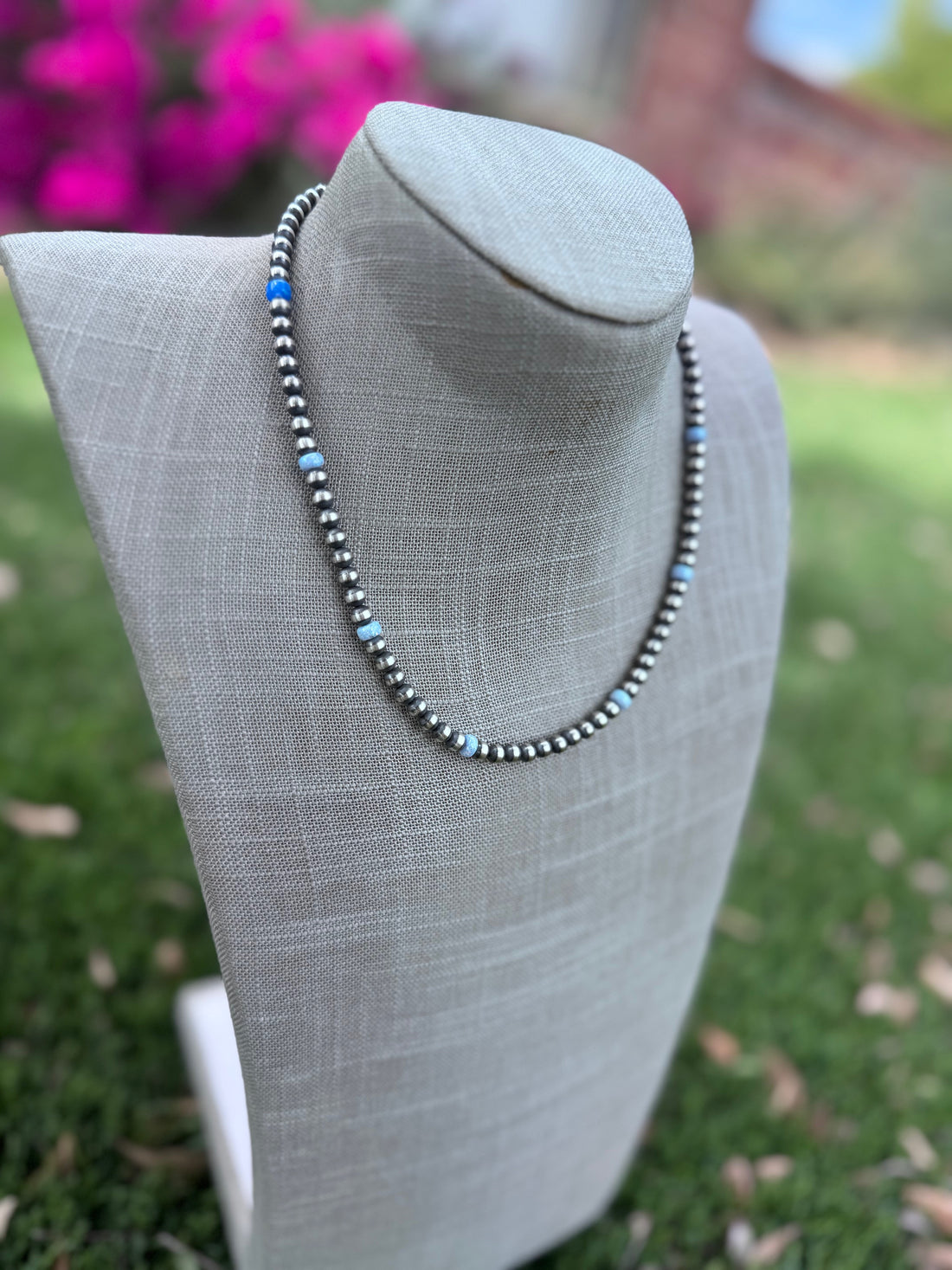 Handcrafted Blue Fire Opal & Sterling Silver Pearl Beaded 5mm Necklace 18"