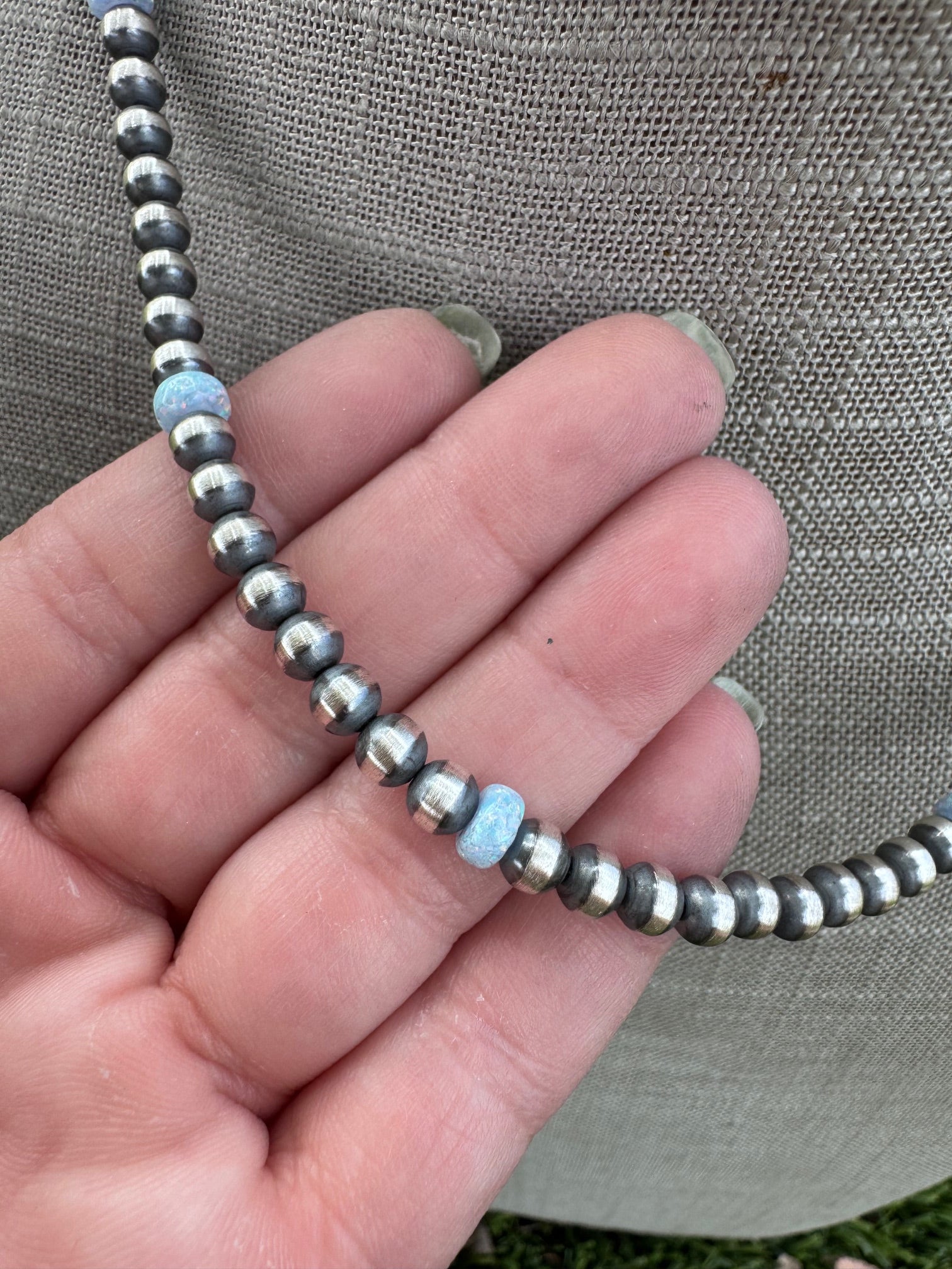 Handcrafted Blue Fire Opal & Sterling Silver Pearl Beaded 5mm Necklace 18"