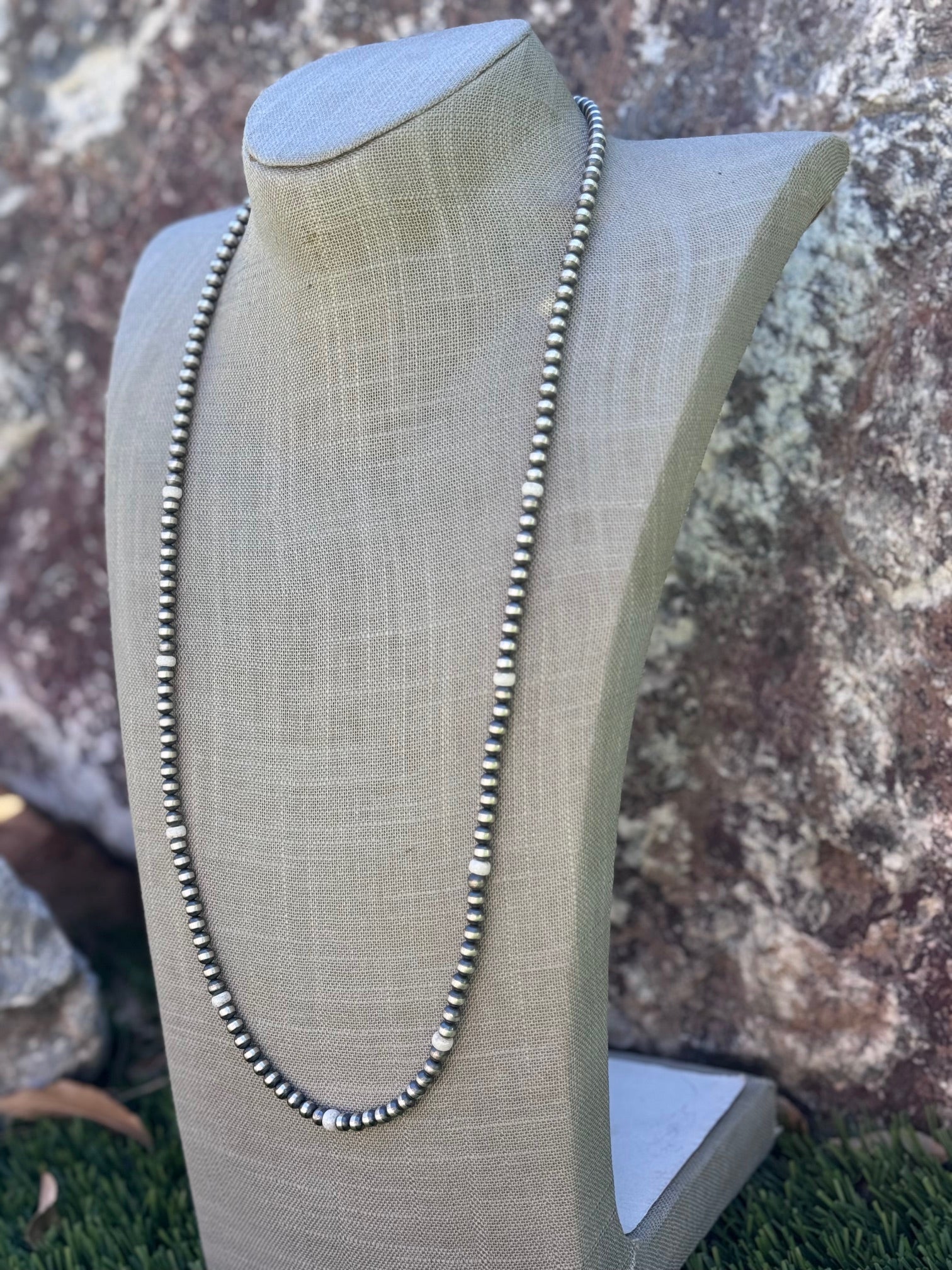 Handcrafted White Fire Opal & Sterling Silver Pearl Beaded 5mm Necklace 30"