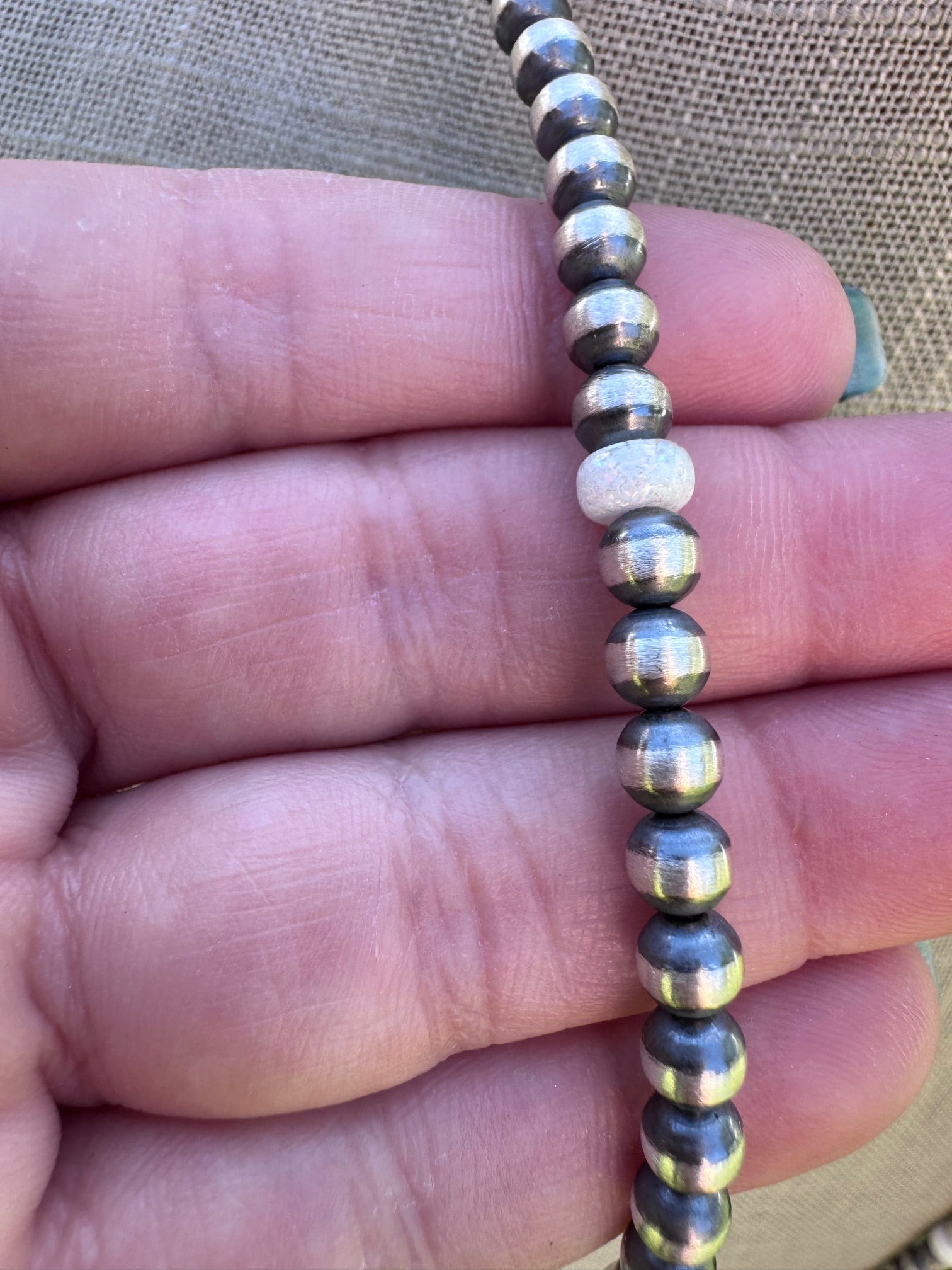 Handcrafted White Fire Opal & Sterling Silver Pearl Beaded 5mm Necklace 30"