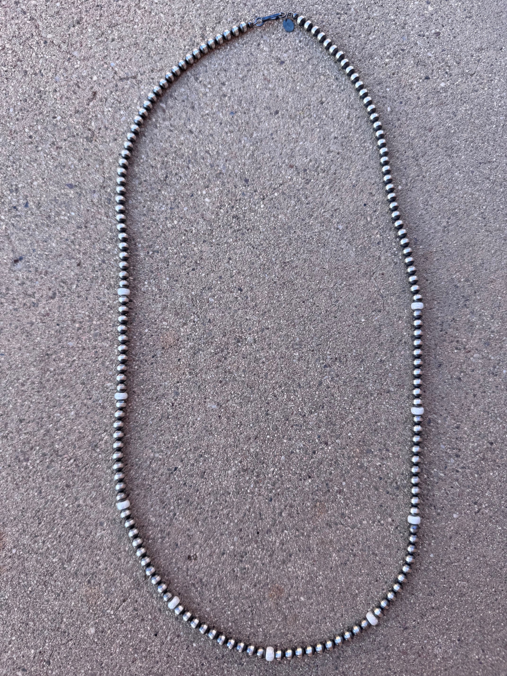 Handcrafted White Fire Opal & Sterling Silver Pearl Beaded 5mm Necklace 30"