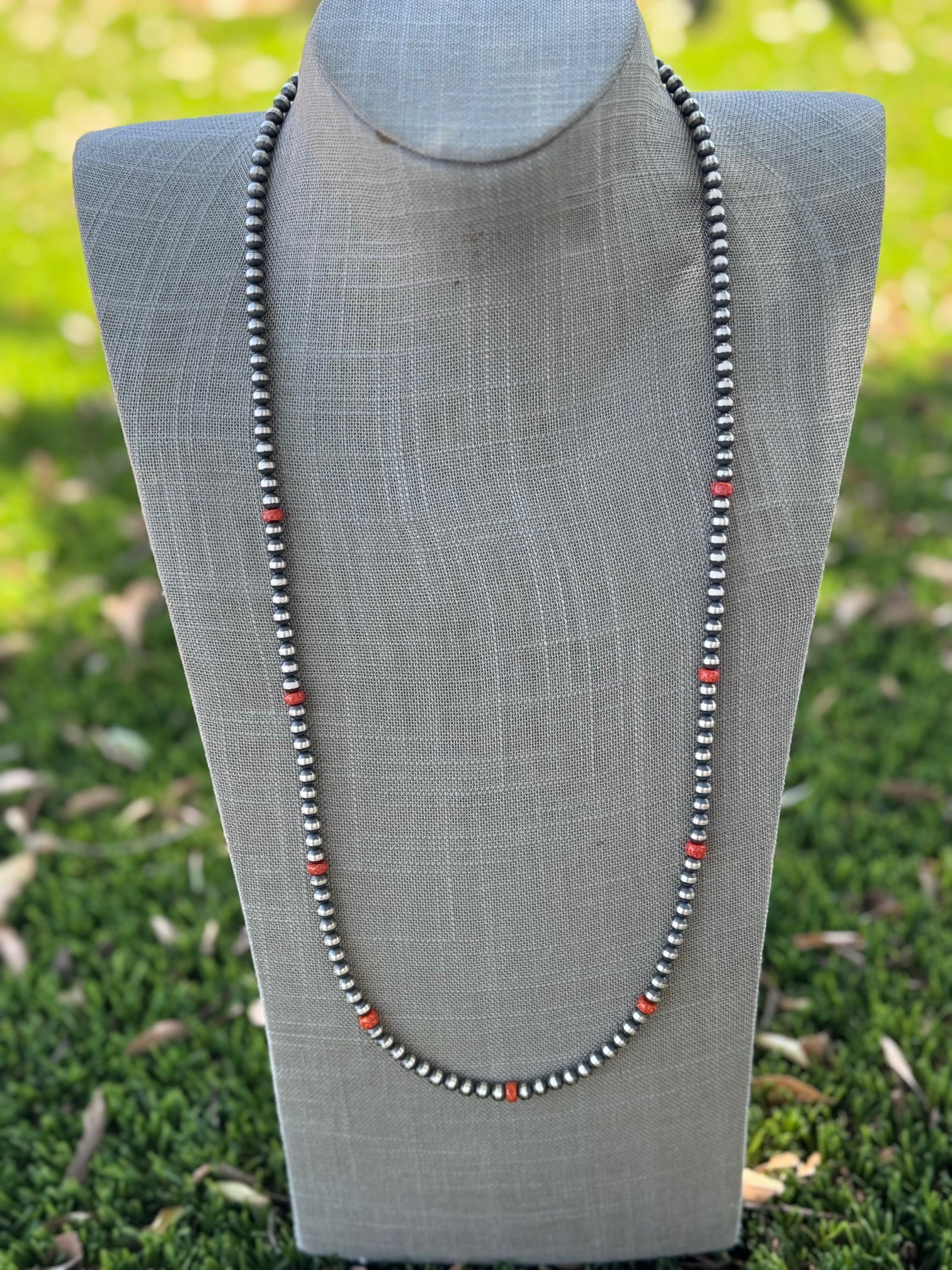 Handcrafted Sterling Silver & Orange Fire Opal 5mm Beaded Necklace 30"