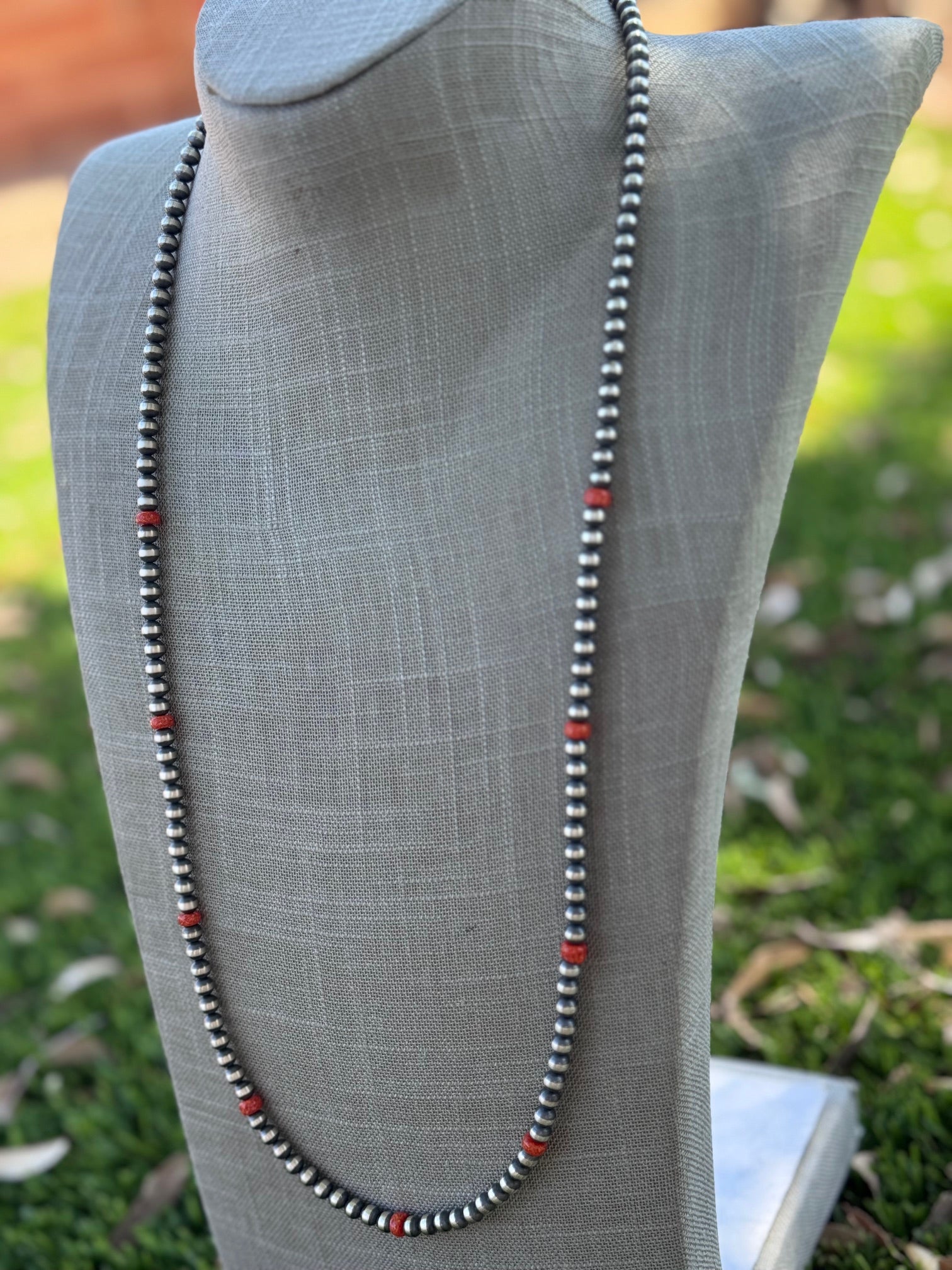 Handcrafted Sterling Silver & Orange Fire Opal 5mm Beaded Necklace 30"