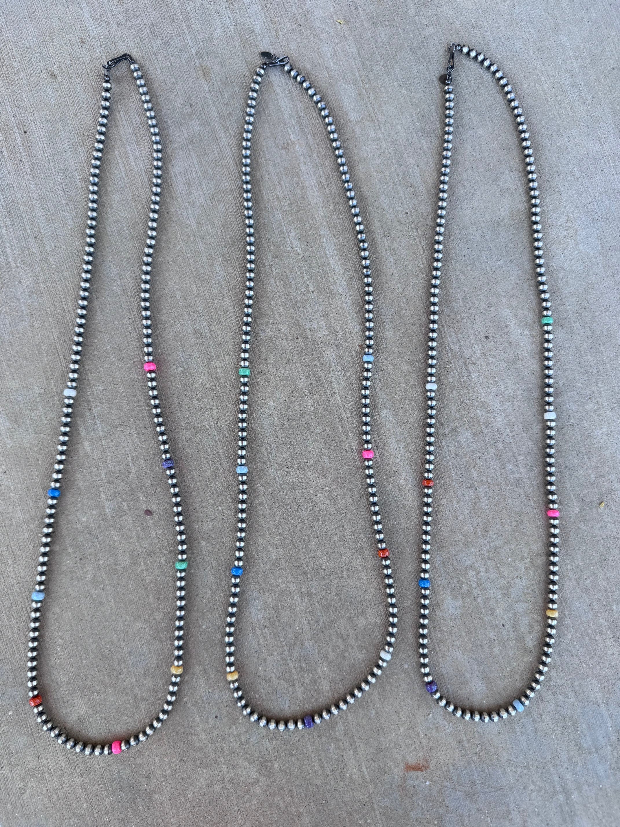 Handcrafted Fire Opal Collection & Sterling Silver Pearl Beaded 5mm Necklace 30"