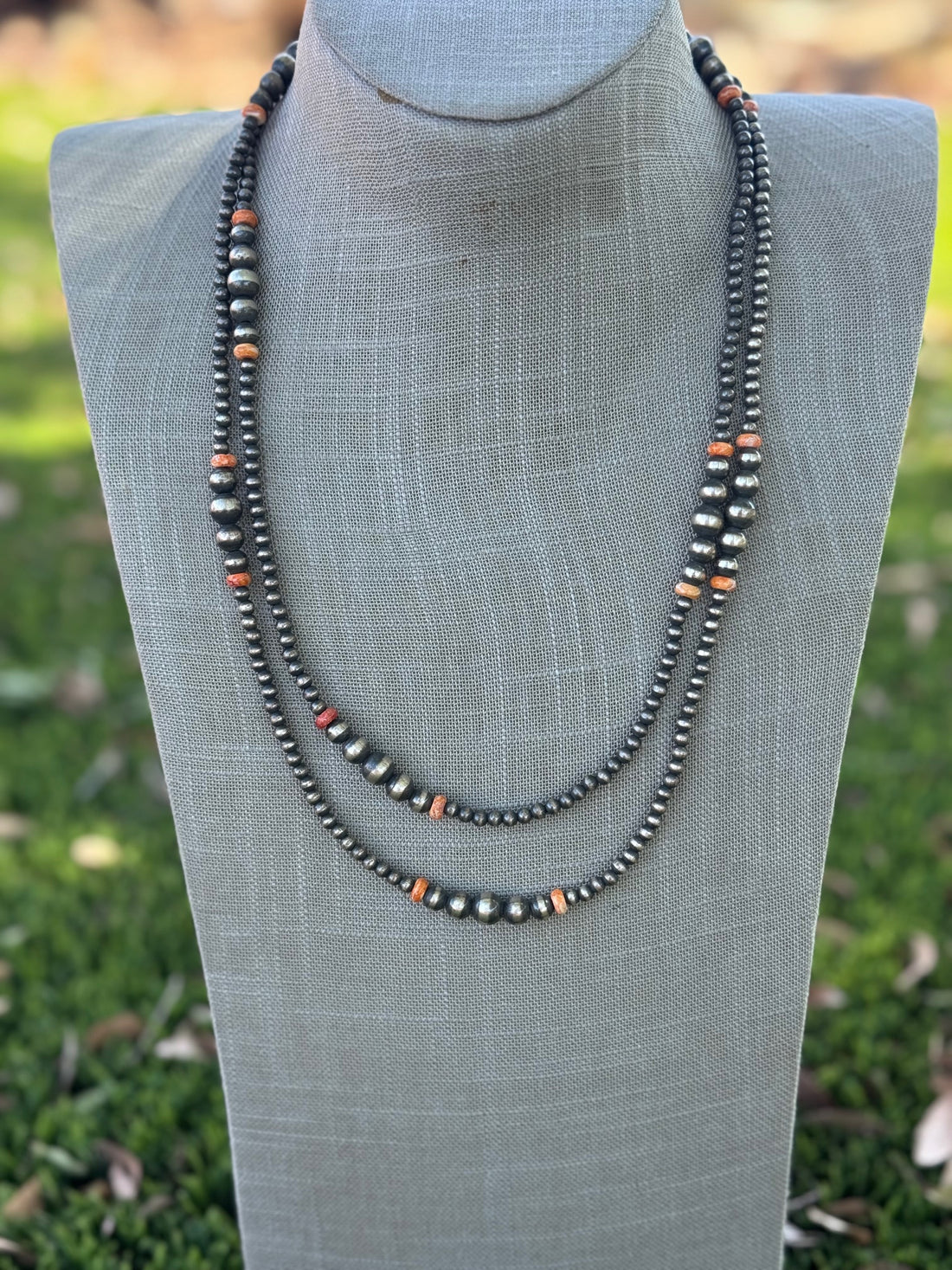 Handcrafted Red Spiny, Orange Spiny & Sterling Silver Pearl 4-10mm Beaded Necklace 48"