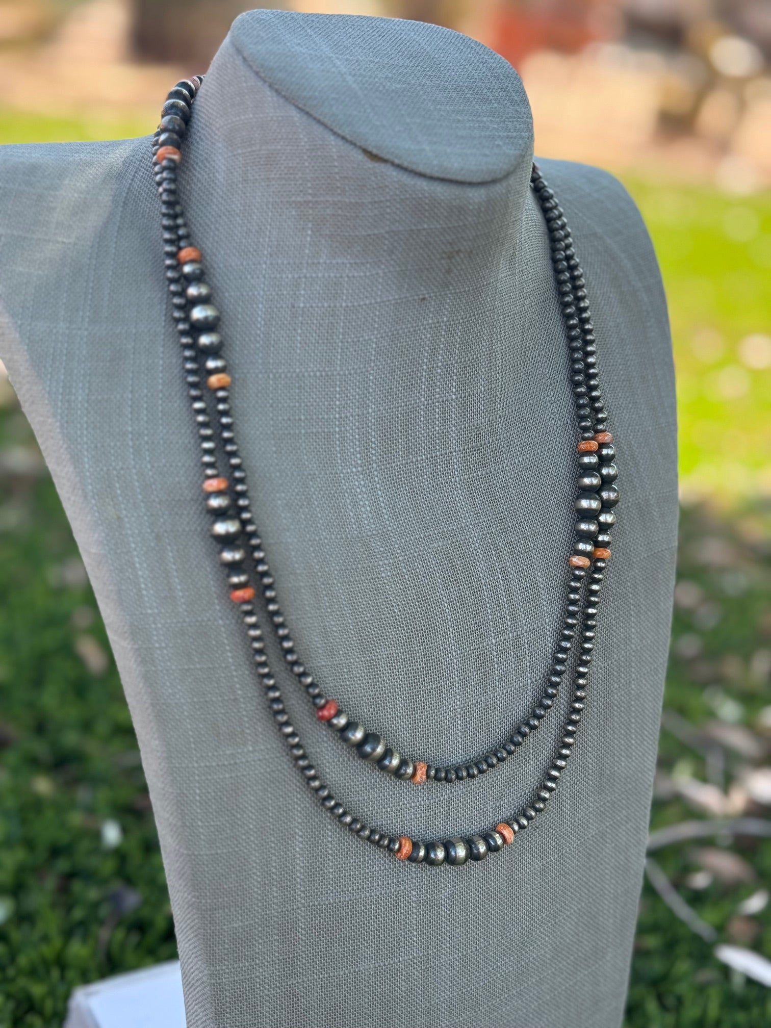 Handcrafted Red Spiny, Orange Spiny & Sterling Silver Pearl 4-10mm Beaded Necklace 48"