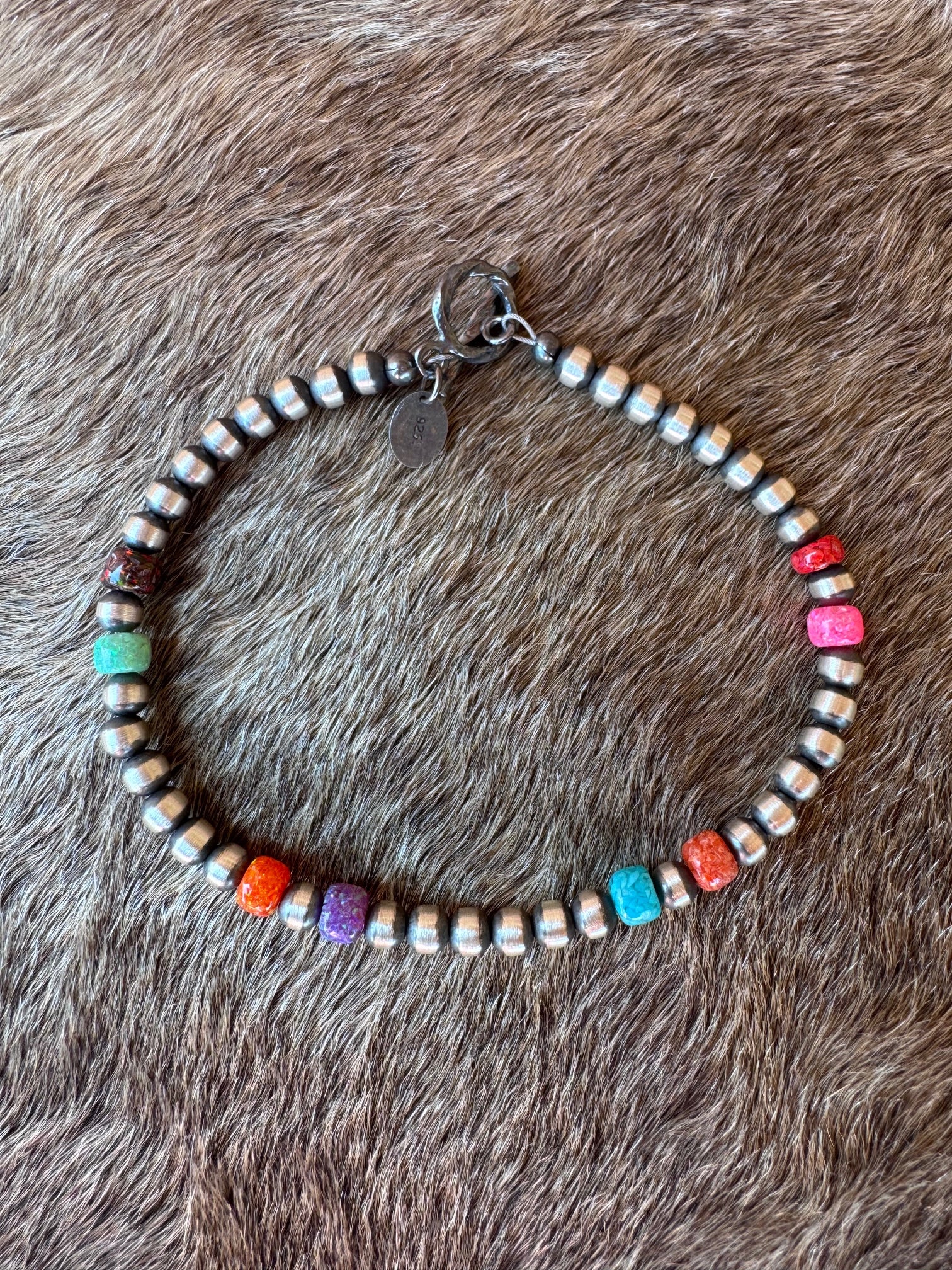 Handcrafted Fire Opal Collection & Sterling Silver Pearl 4mm Beaded Bracelet 7.5"