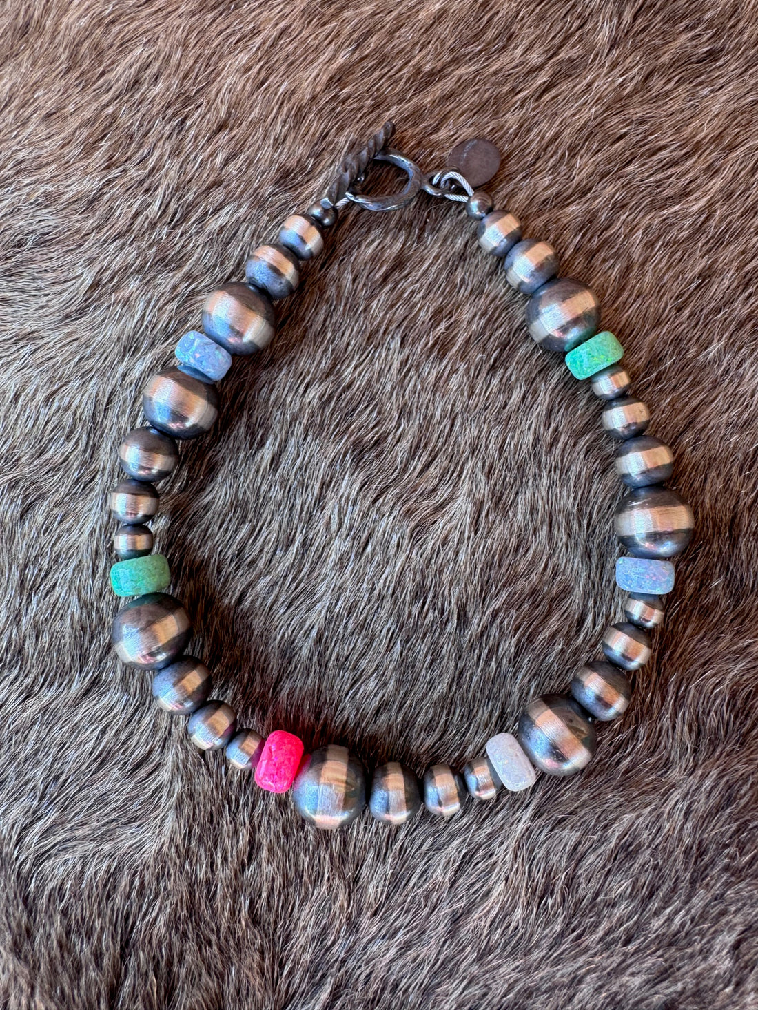 Handcrafted Fire Opal Collection & Sterling Silver Pearl 5-8mm Beaded Bracelet 7.5"