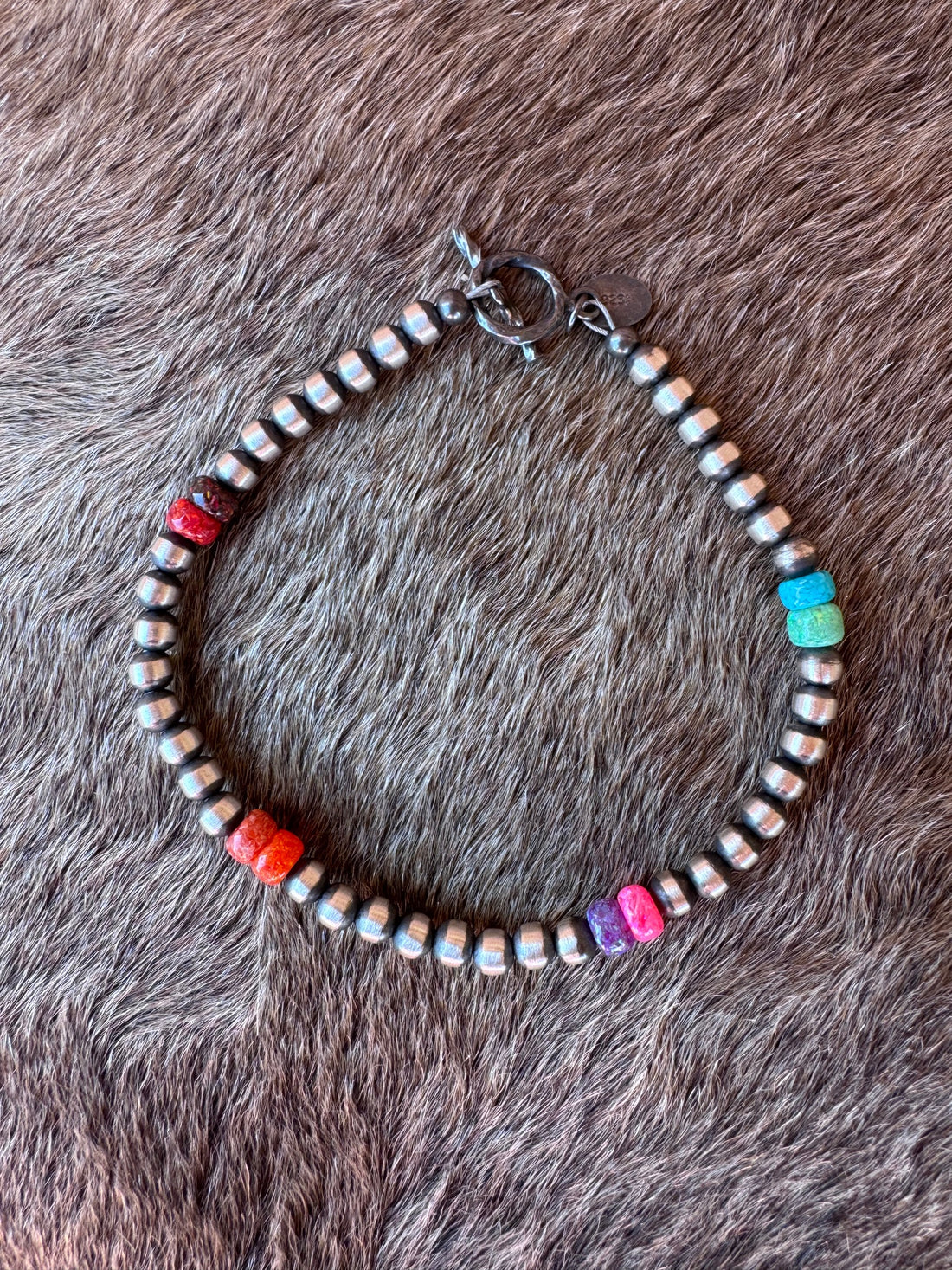 Handcrafted Fire Opal Collection & Sterling Silver Pearl 5-8mm Beaded Bracelet 7.5"