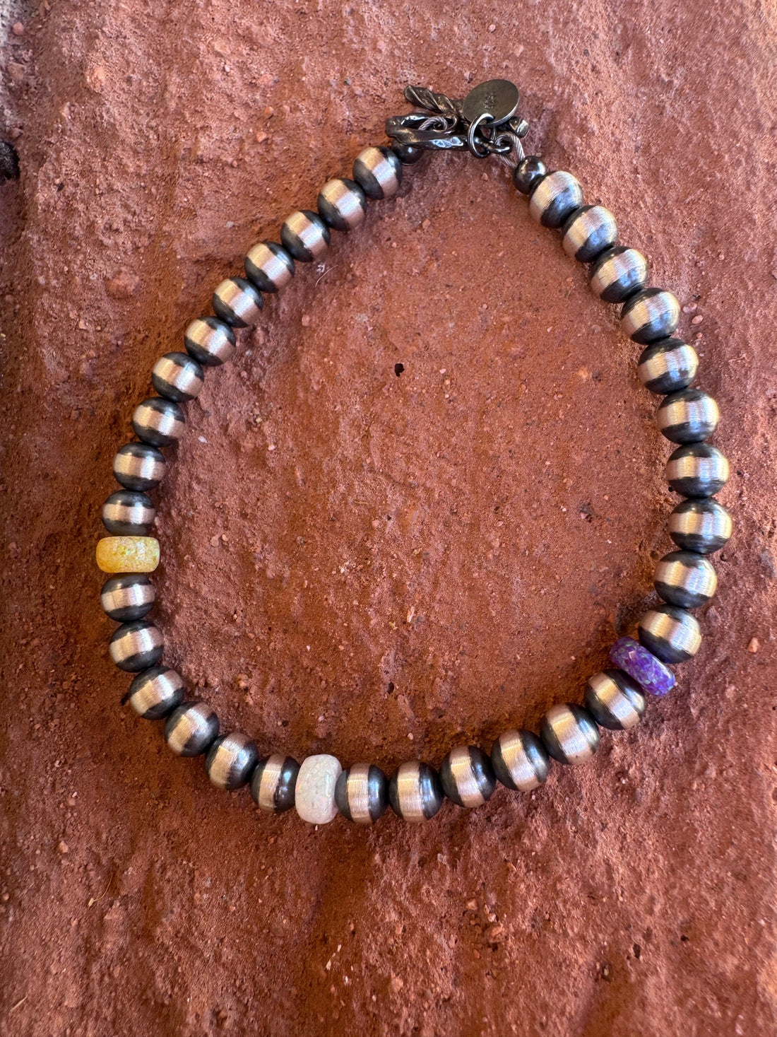 Handcrafted Fire Opal Collection & Sterling Silver Pearl 5mm Beaded Bracelet 7.5"