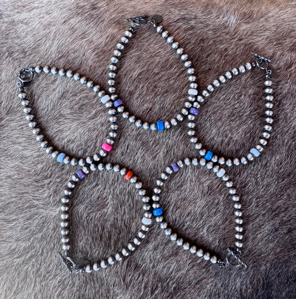 Handcrafted Fire Opal Collection & Sterling Silver Pearl 5mm Beaded Bracelet 7.5"