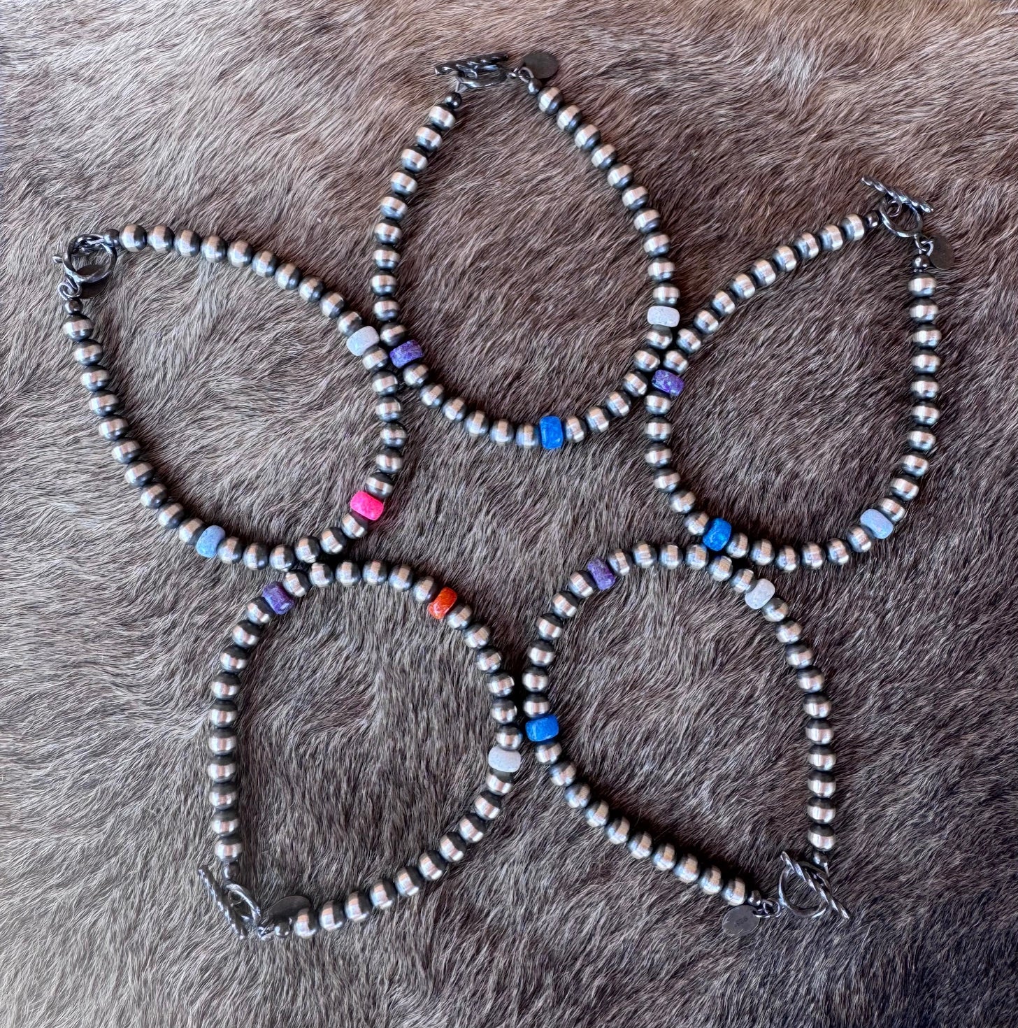 Handcrafted Fire Opal Collection & Sterling Silver Pearl 5mm Beaded Bracelet 7.5"