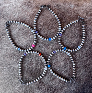 Handcrafted Fire Opal Collection & Sterling Silver Pearl 5mm Beaded Bracelet 7.5"