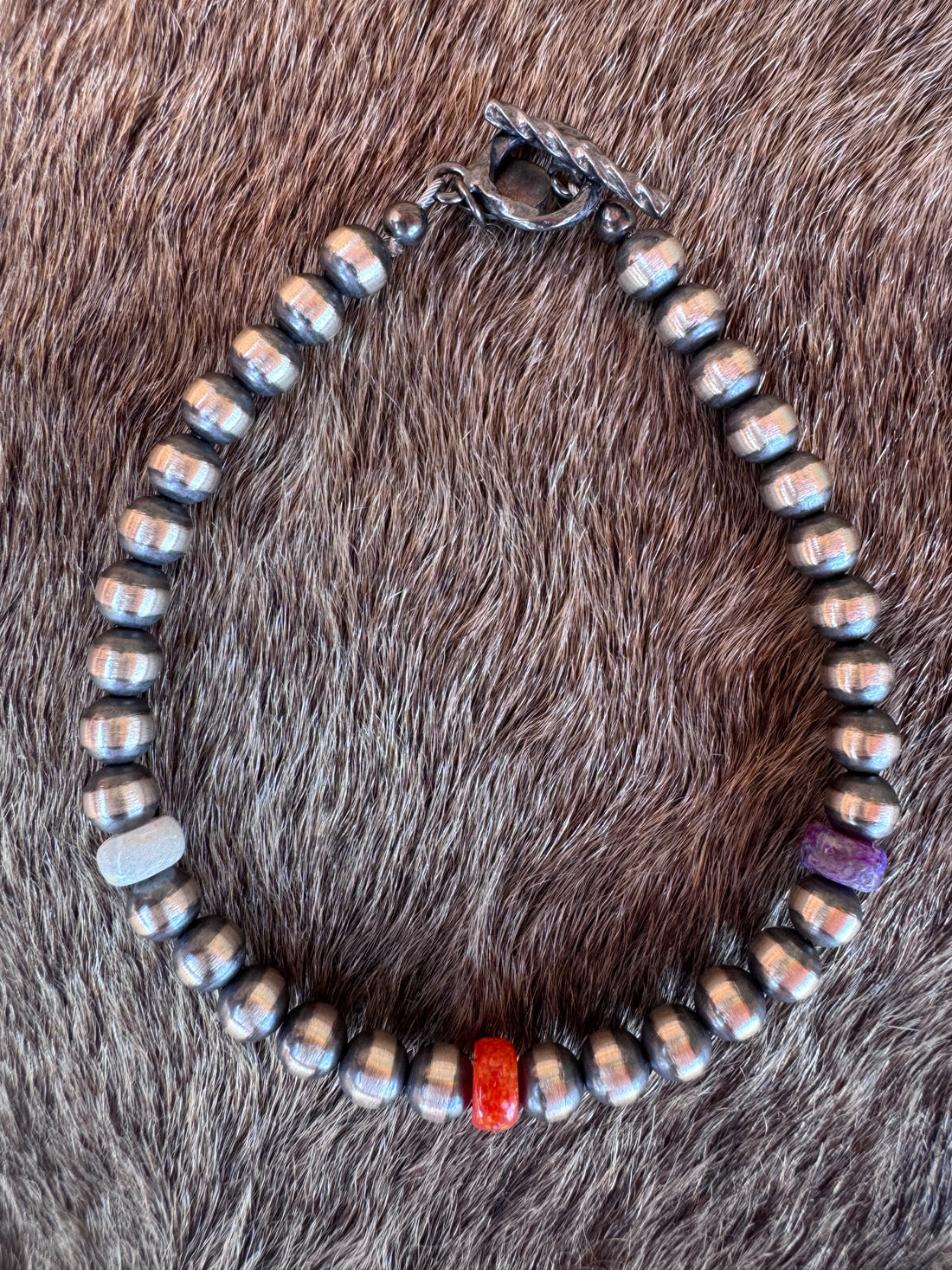 Handcrafted Fire Opal Collection & Sterling Silver Pearl 5mm Beaded Bracelet 7.5"