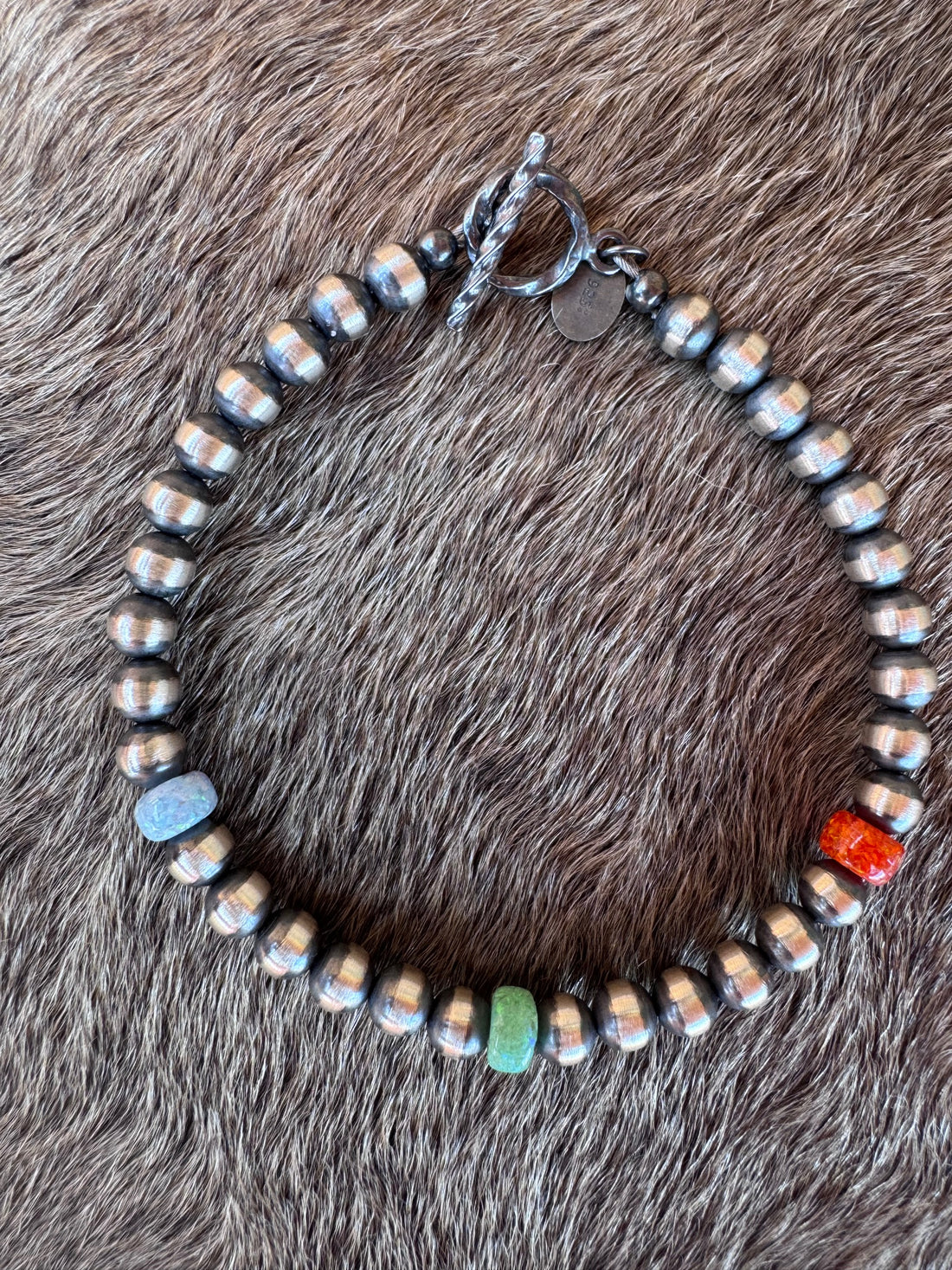 Handcrafted Fire Opal Collection & Sterling Silver Pearl 5mm Beaded Bracelet 7"