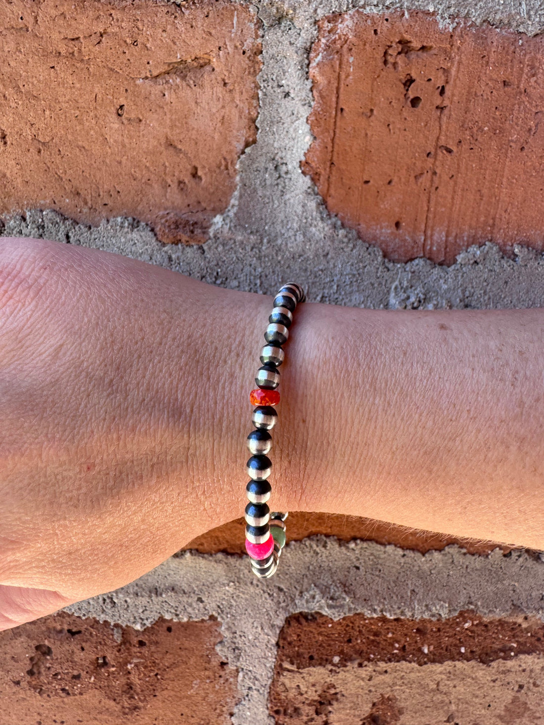 Handcrafted Fire Opal Collection & Sterling Silver Pearl 5mm Beaded Bracelet 7"