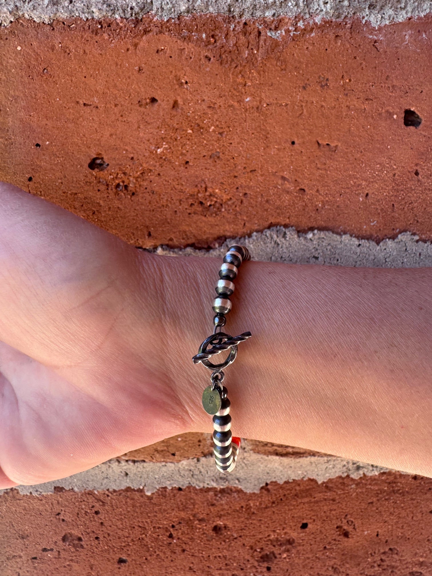 Handcrafted Fire Opal Collection & Sterling Silver Pearl 5mm Beaded Bracelet 7"