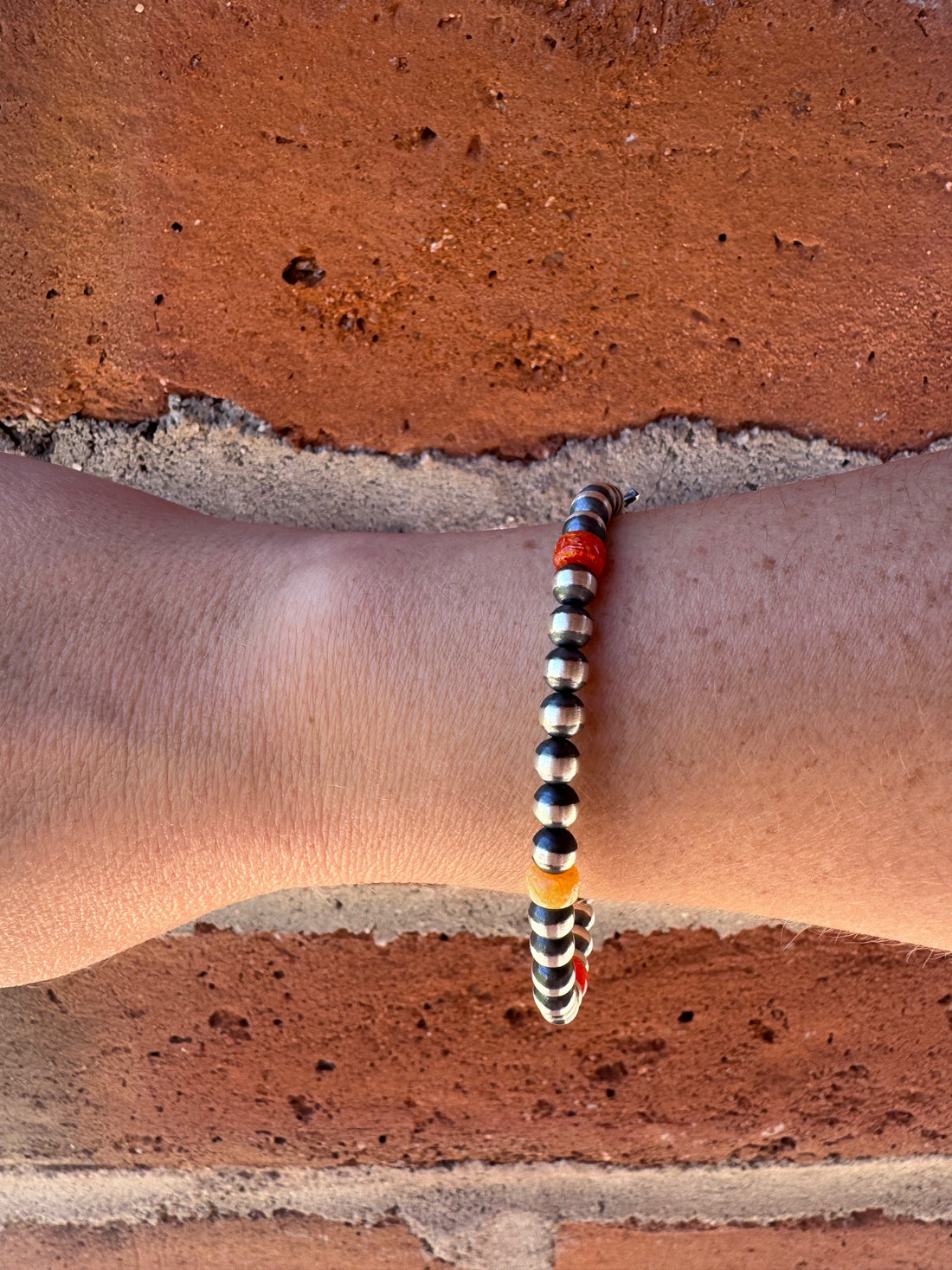 Handcrafted Fire Opal Collection & Sterling Silver Pearl 5mm Beaded Bracelet 7.5"