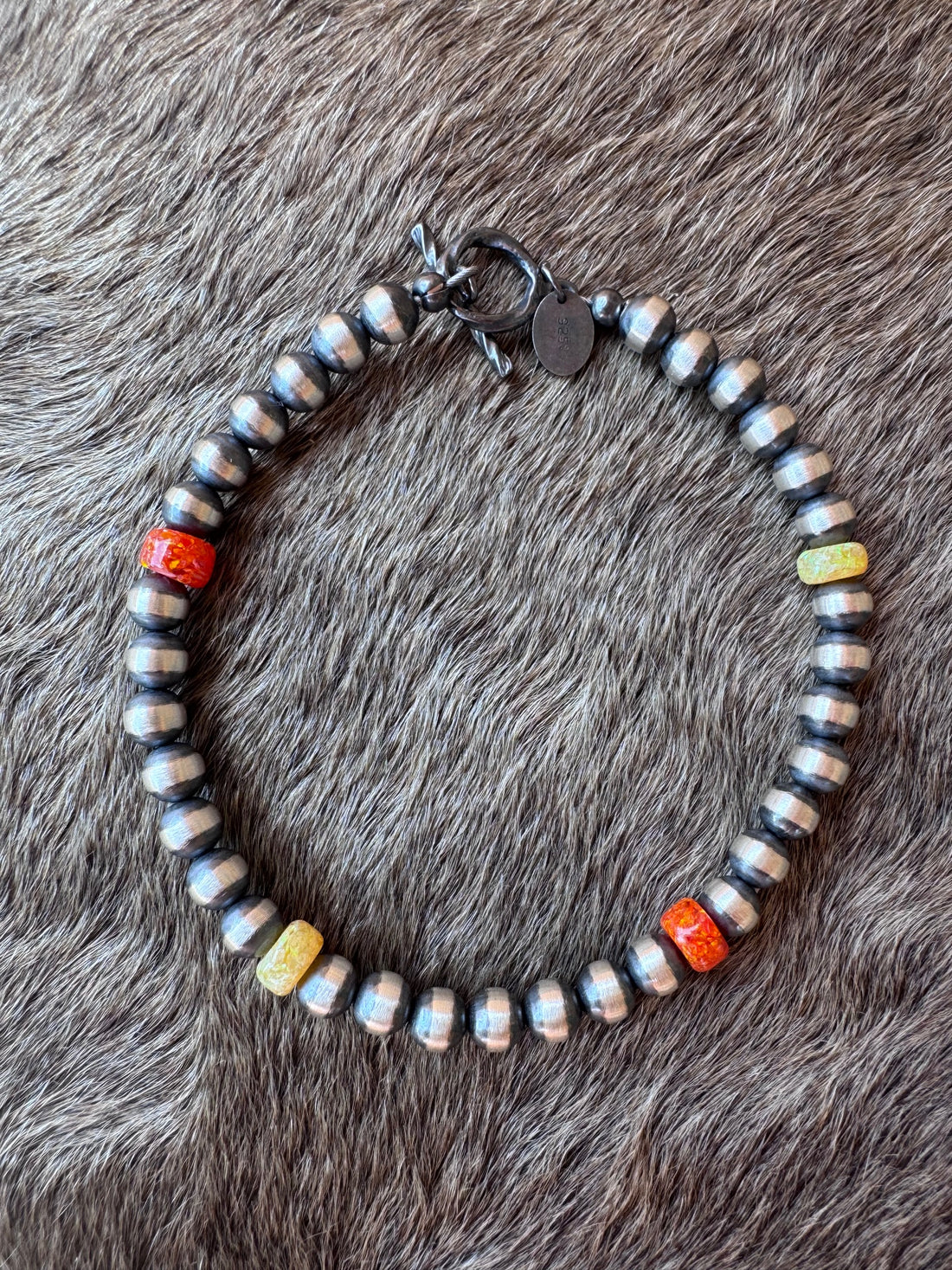 Handcrafted Fire Opal Collection & Sterling Silver Pearl 5mm Beaded Bracelet 7.5"