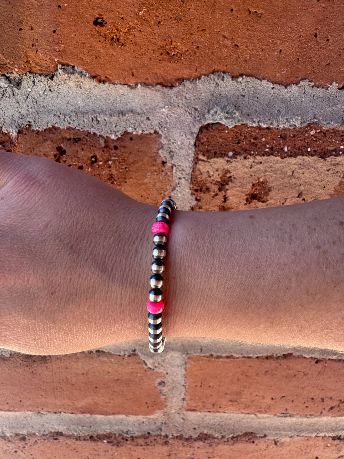 Handcrafted Hot Pink Fire Opal & Sterling Silver Pearl 5mm Beaded Bracelet 7"