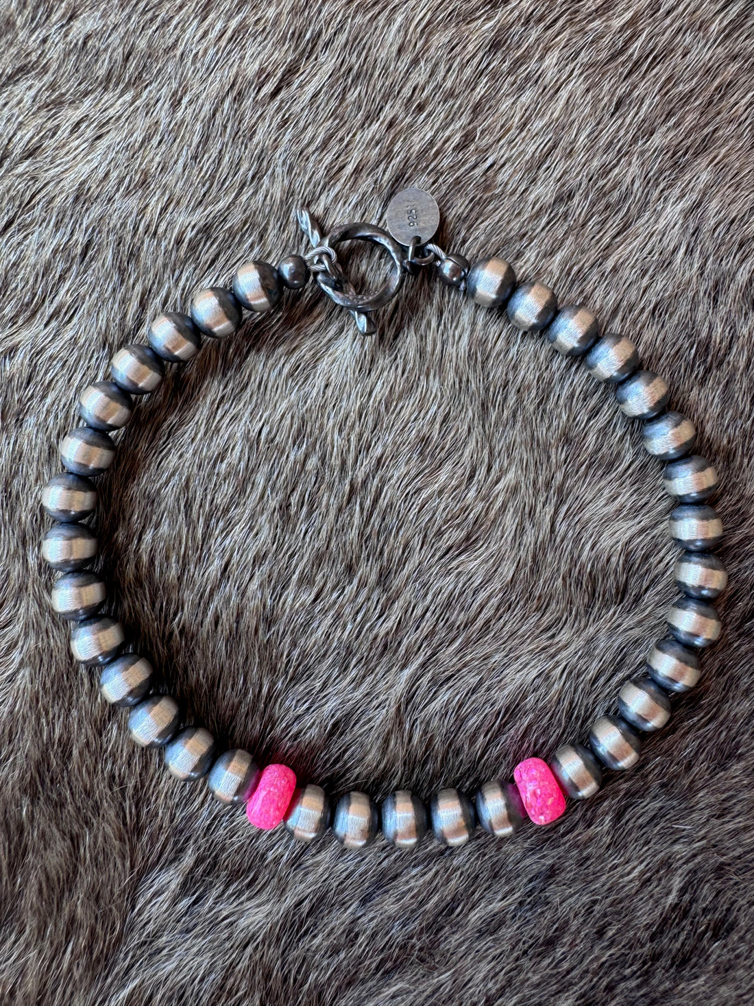 Handcrafted Hot Pink Fire Opal & Sterling Silver Pearl 5mm Beaded Bracelet 7"