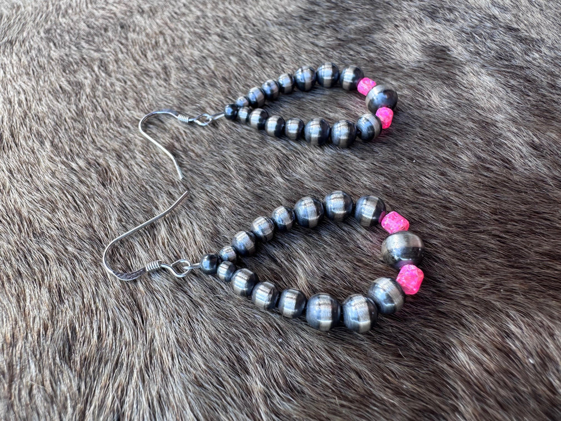 Handcrafted Hot Pink Fire Opal & Sterling Silver Pearl 3-6mm Beaded Hoop Dangle Earring