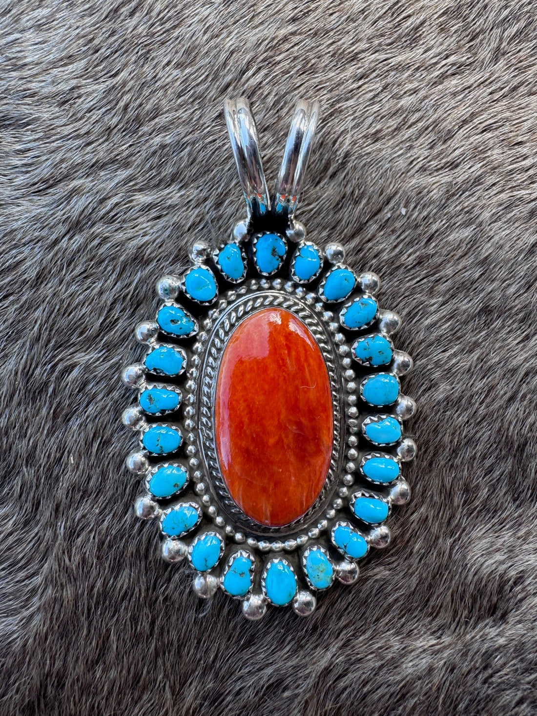 Handcrafted Sterling Silver Spiny Oyster And Turquoise Pendant Signed