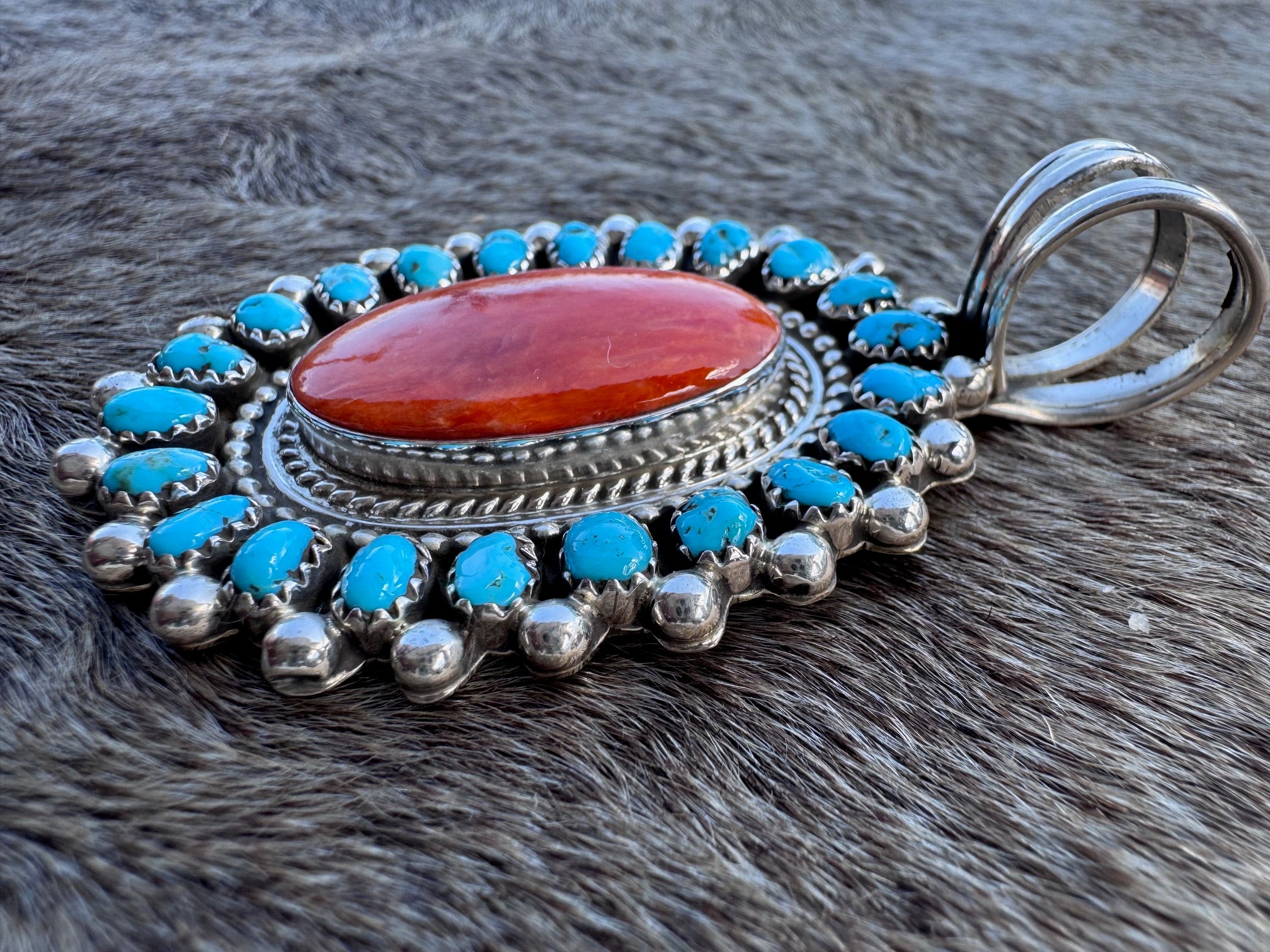 Handcrafted Sterling Silver Spiny Oyster And Turquoise Pendant Signed