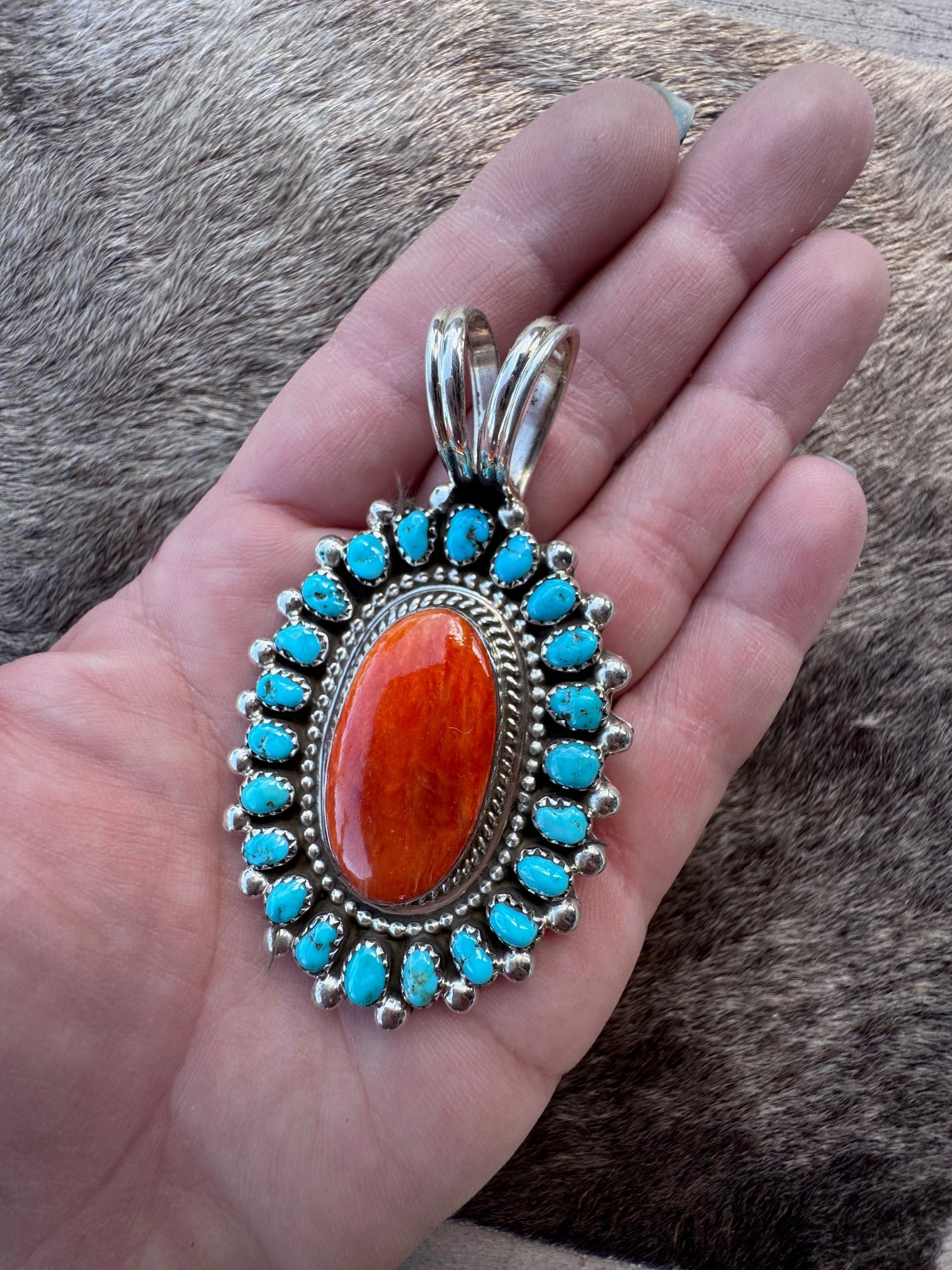Handcrafted Sterling Silver Spiny Oyster And Turquoise Pendant Signed