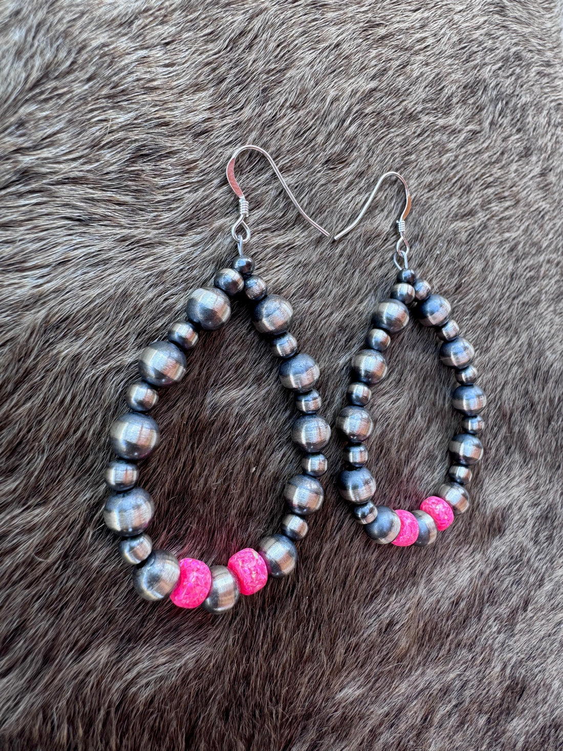 Handcrafted Hot Pink Fire Opal & Sterling Silver Pearl 4-6mm Beaded Hoop Dangle Earring