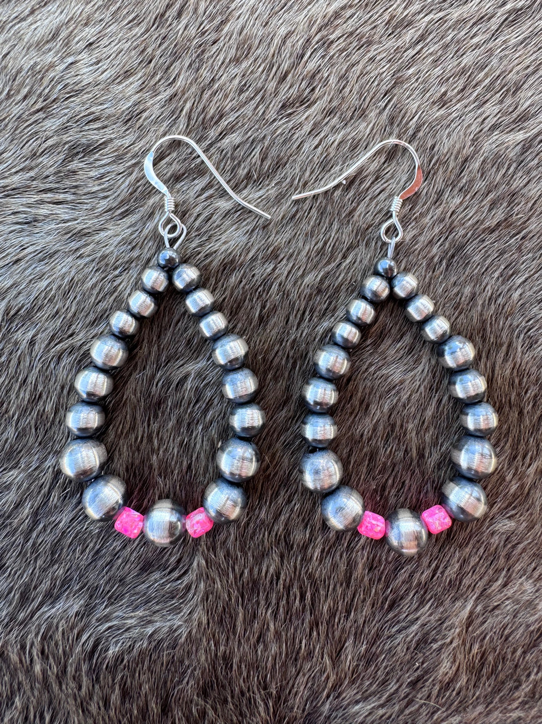 Handcrafted Hot Pink Fire Opal & Sterling Silver Pearl 4-6mm Beaded Hoop Dangle Earring