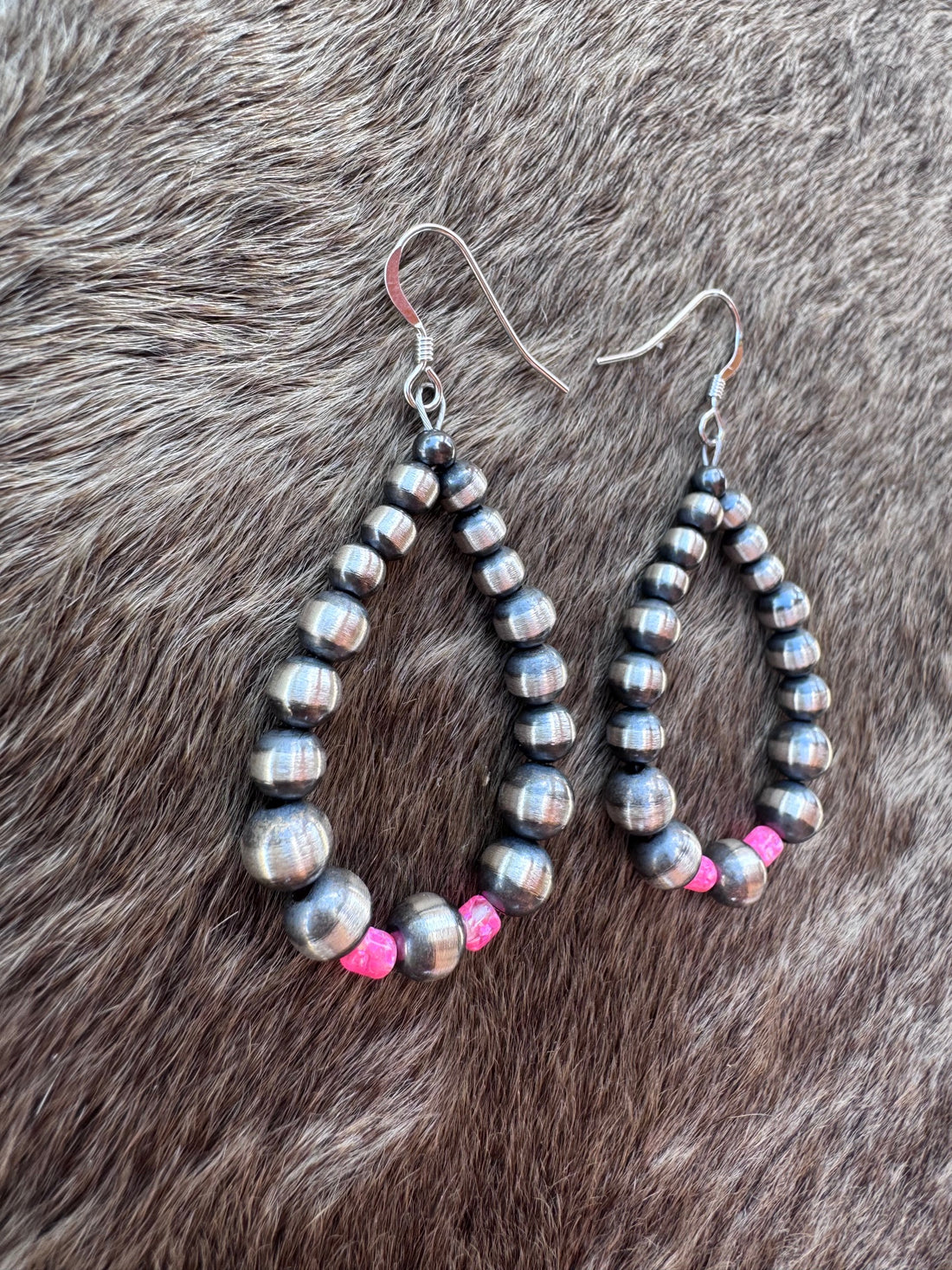 Handcrafted Hot Pink Fire Opal & Sterling Silver Pearl 4-6mm Beaded Hoop Dangle Earring