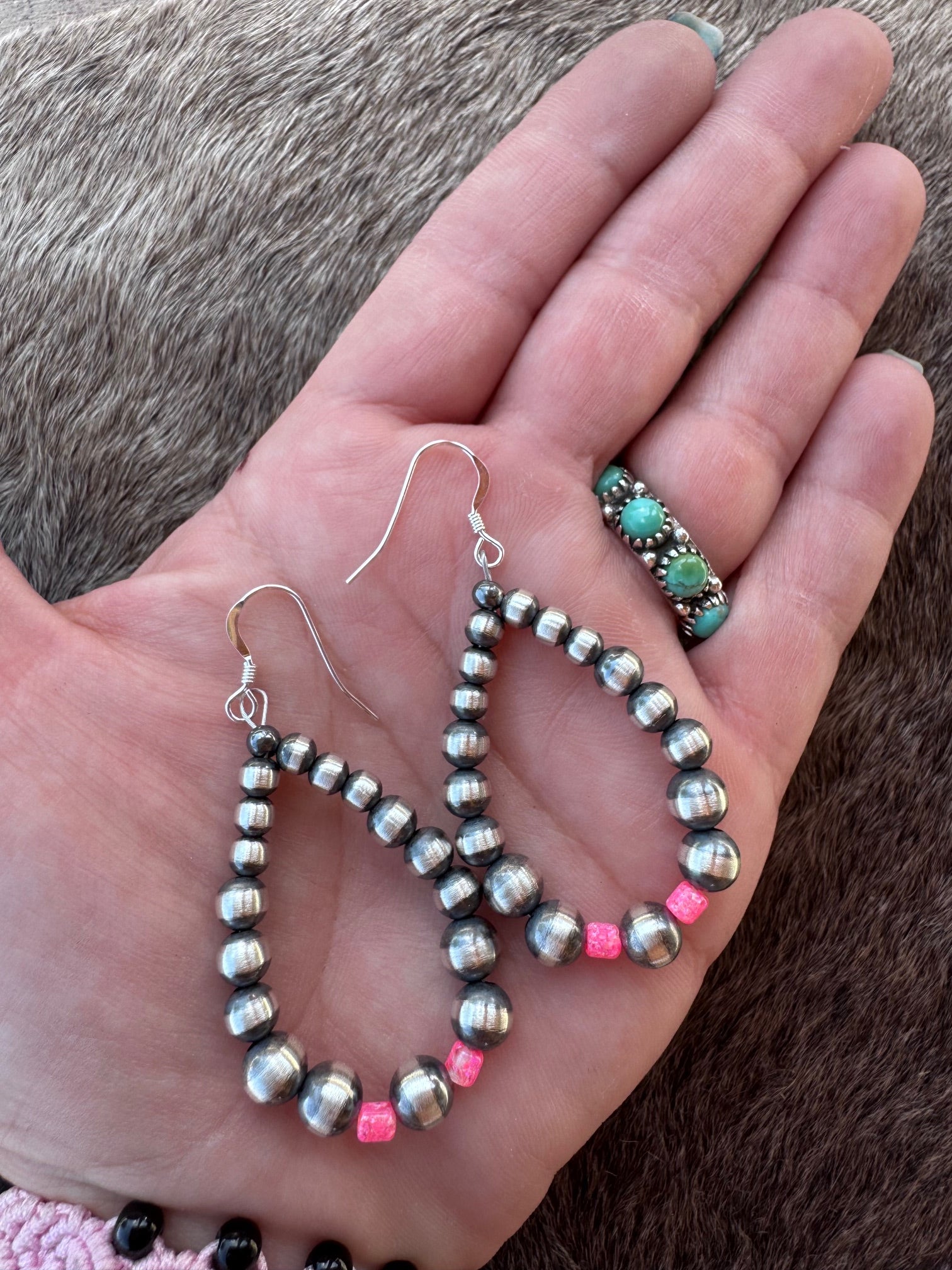 Handcrafted Hot Pink Fire Opal & Sterling Silver Pearl 4-6mm Beaded Hoop Dangle Earring