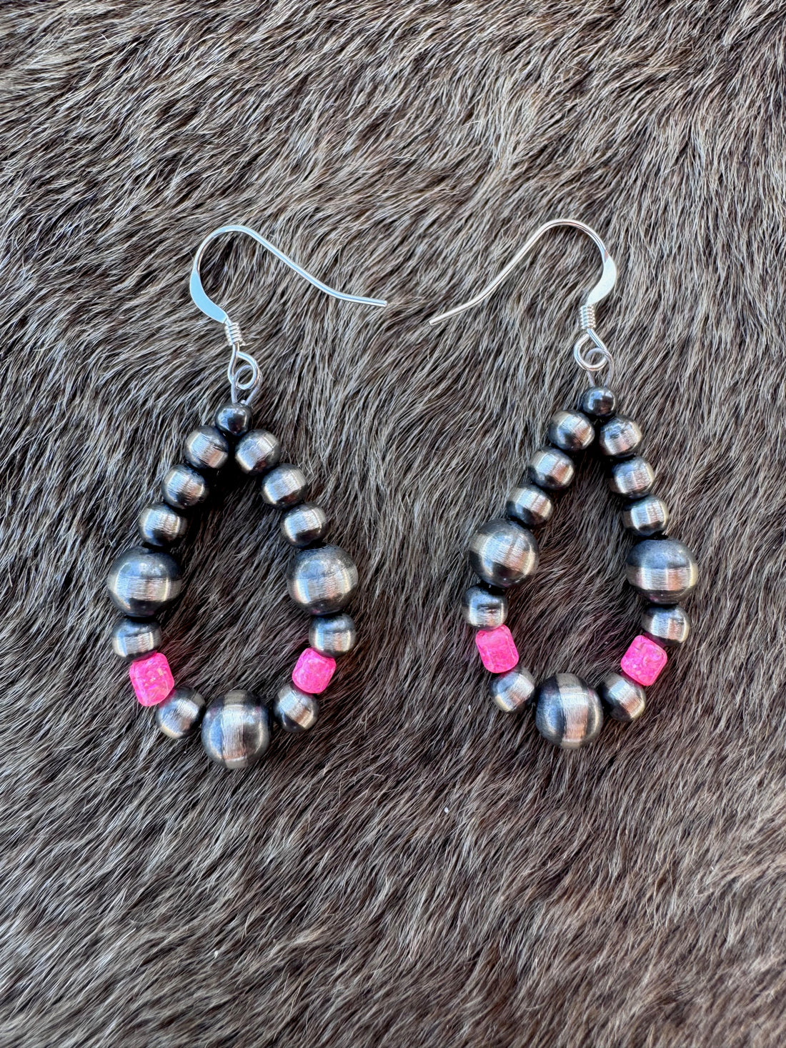 Handcrafted Hot Pink Fire Opal & Sterling Silver Pearl 4-6mm Beaded Hoop Dangle Earring