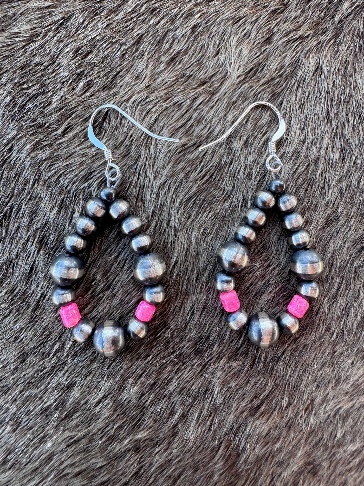 Handcrafted Hot Pink Fire Opal & Sterling Silver Pearl 4-6mm Beaded Hoop Dangle Earring